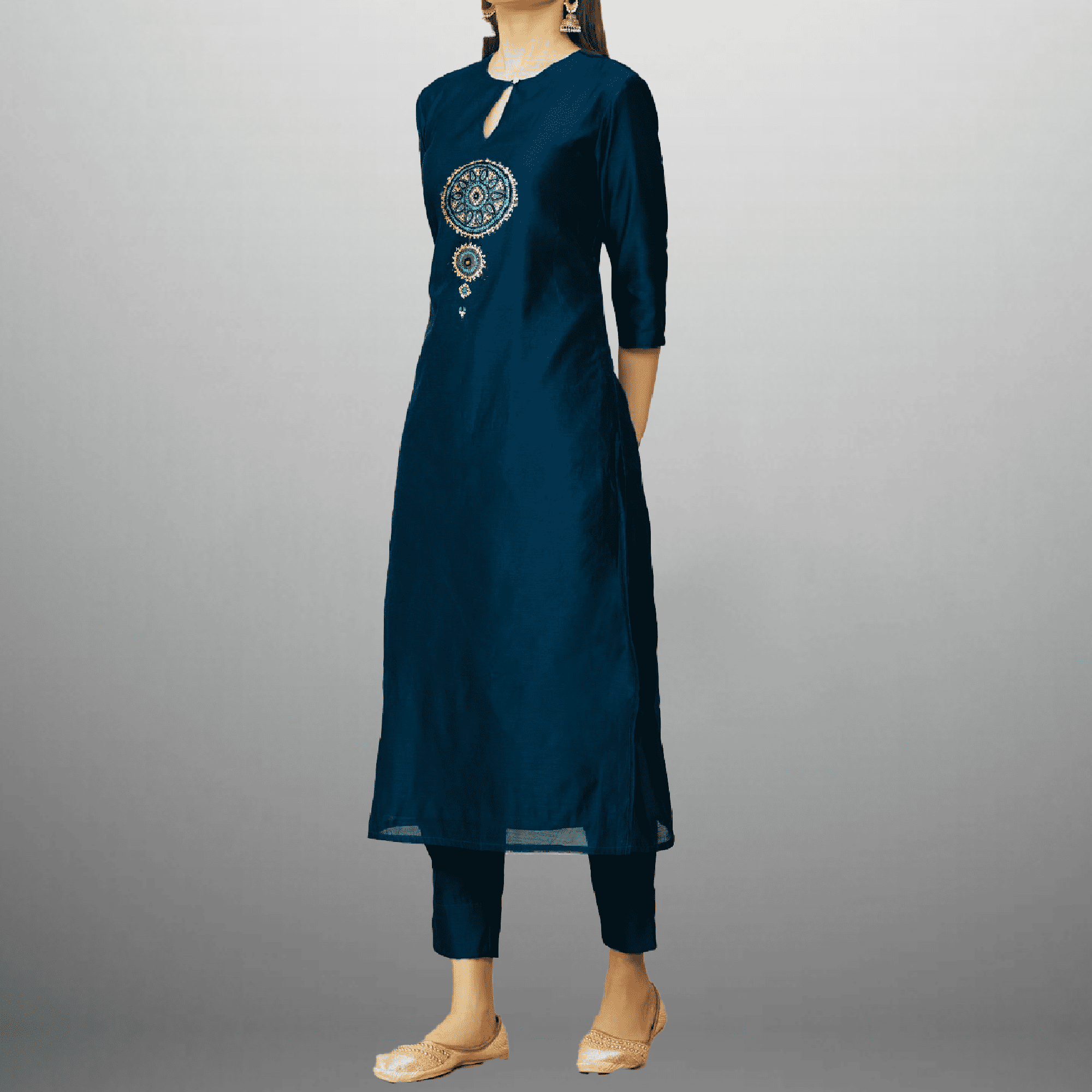 Women's Prussian blue Kurti set with front embroidery-RWKS035