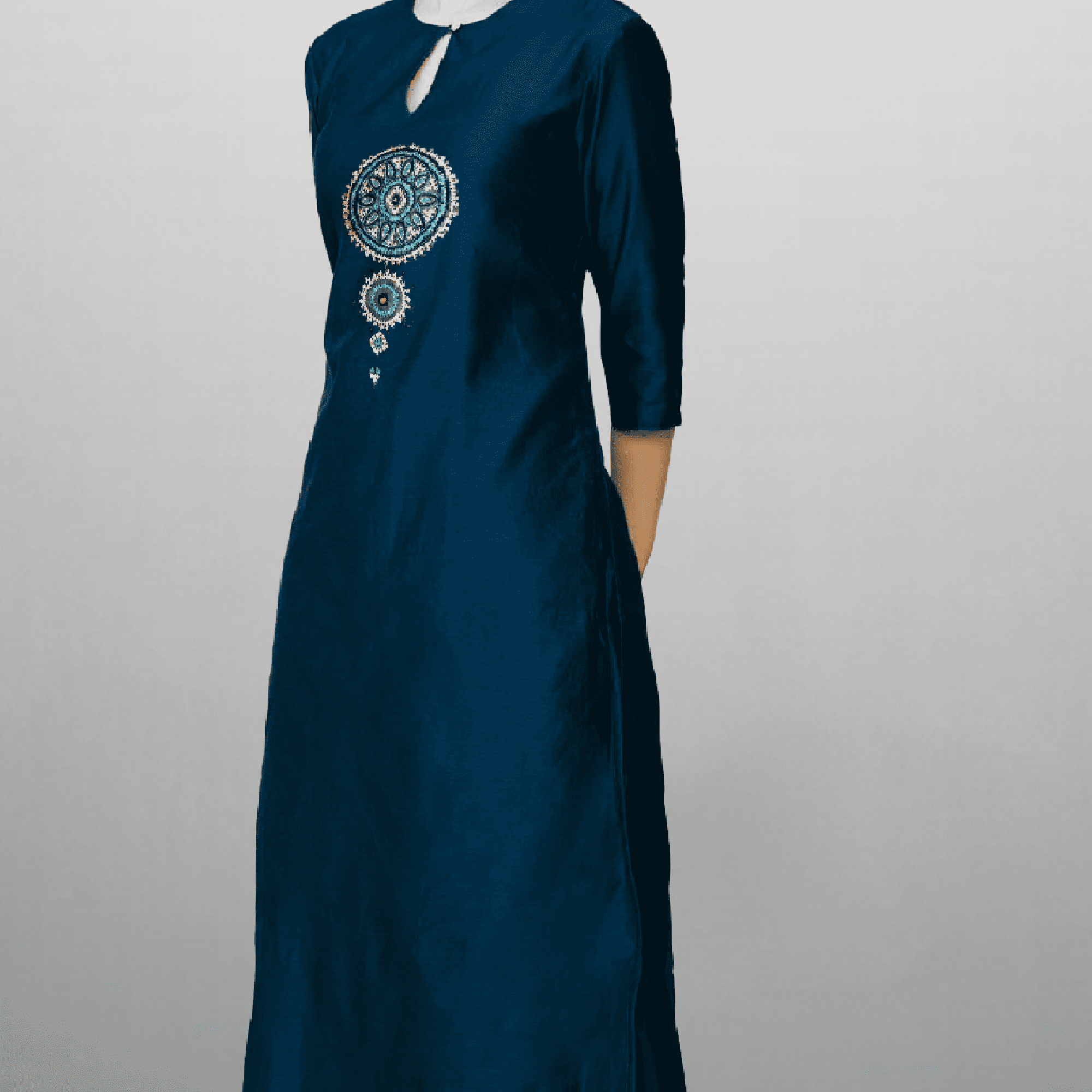 Women's Prussian blue Kurti set with front embroidery-RWKS035
