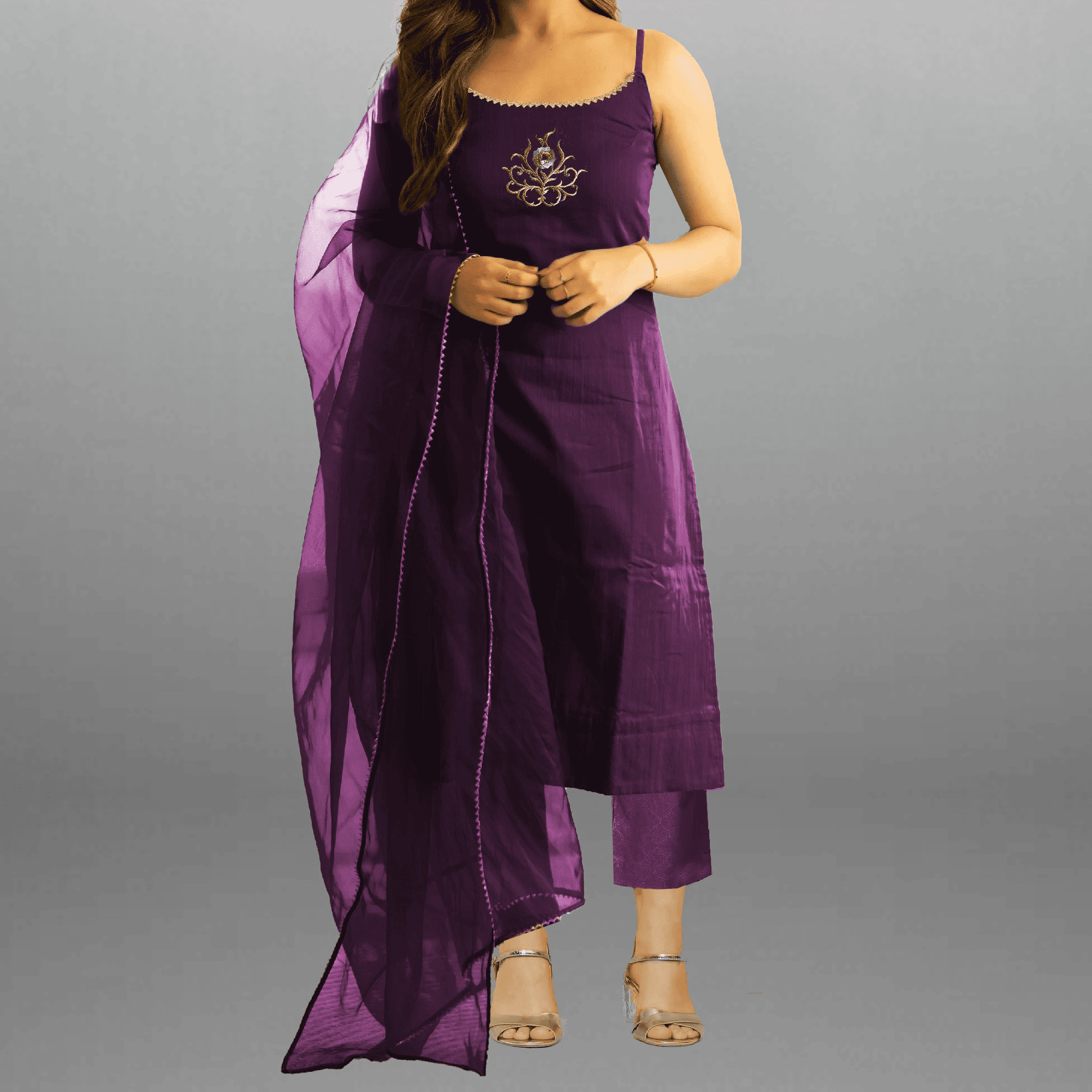 Women's Purple kurti set with Embroidery work and lace border-RWKS041