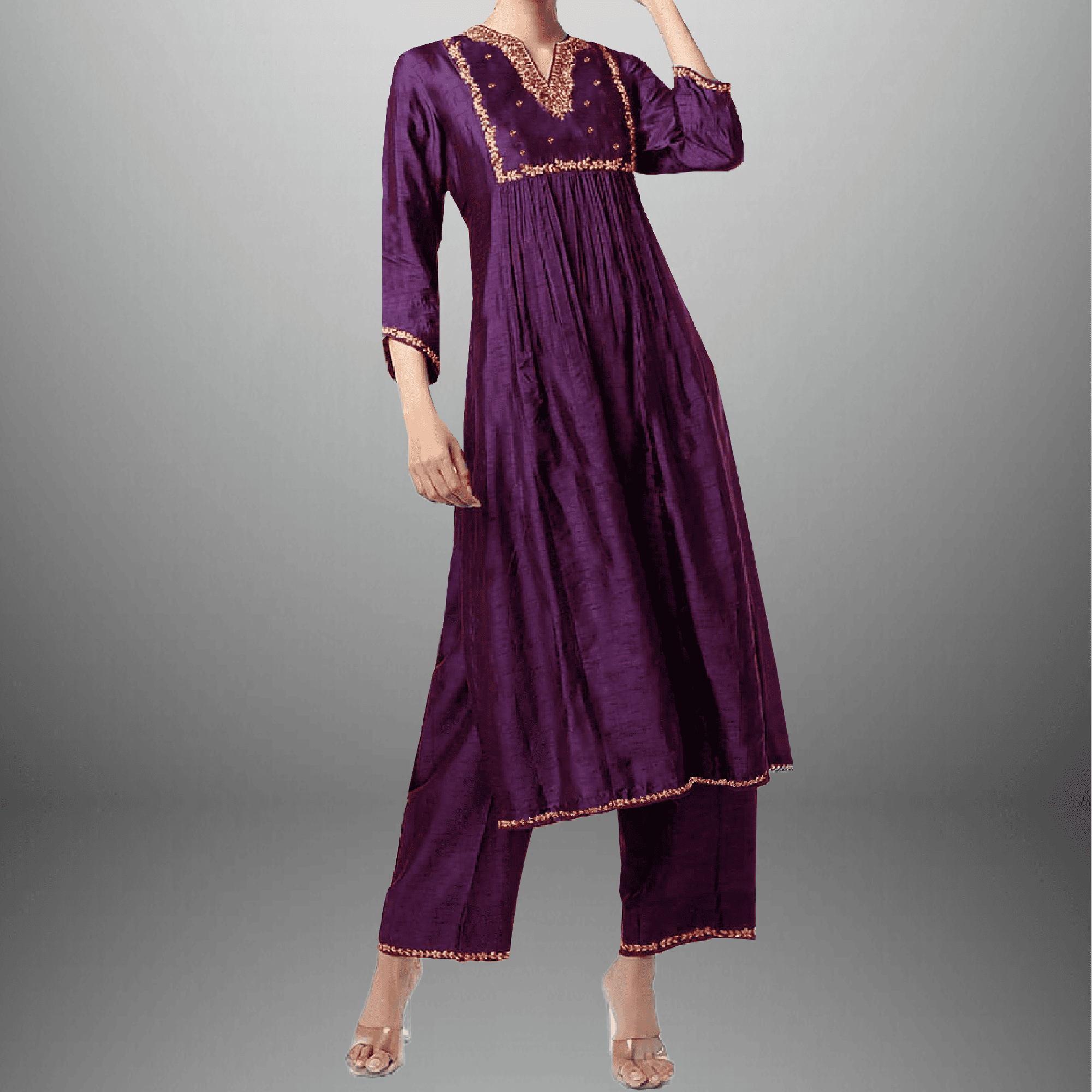 Women's Purple kurti with Golden embroidery and Golden lace border-RWKS043