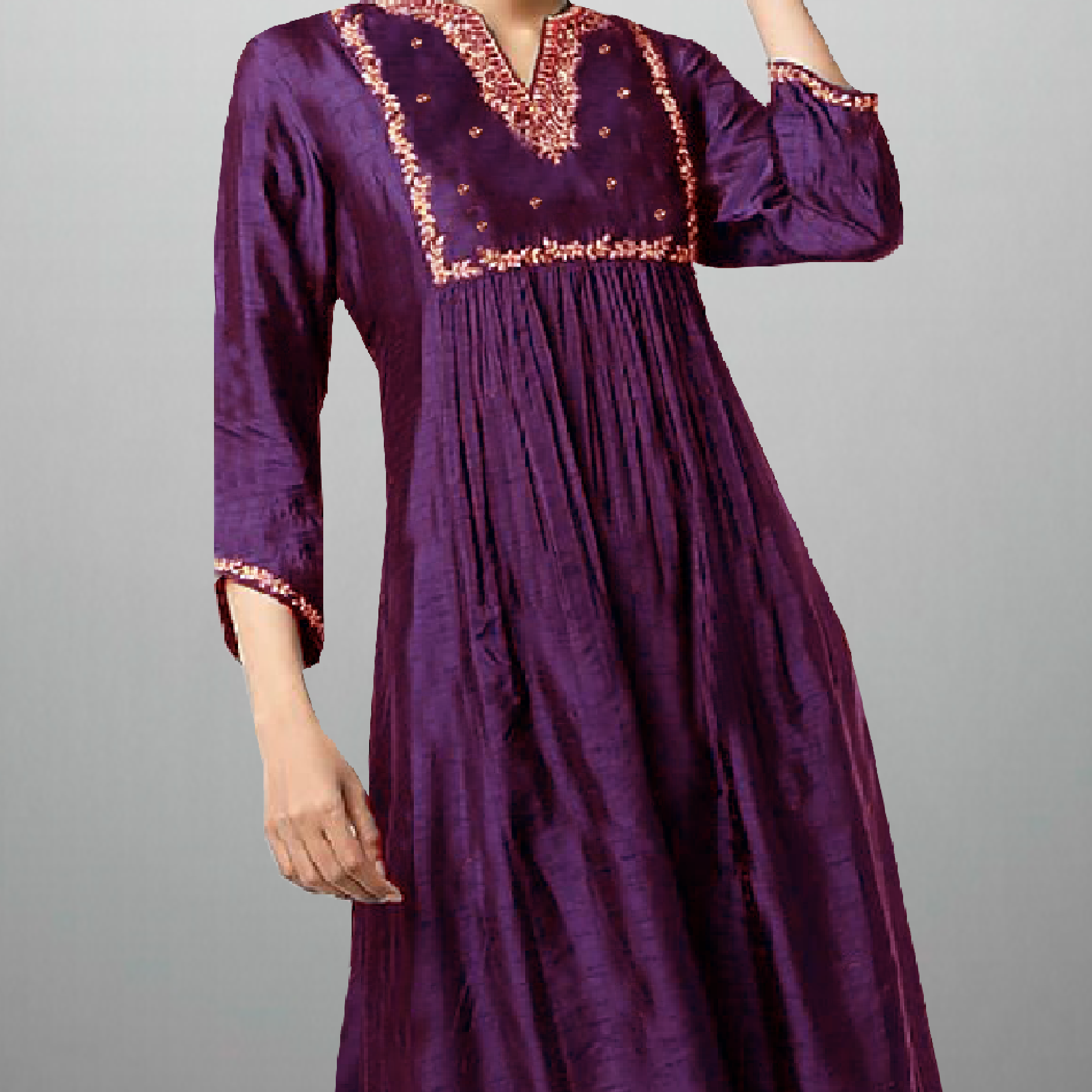 Women's Purple kurti with Golden embroidery and Golden lace border-RWKS043