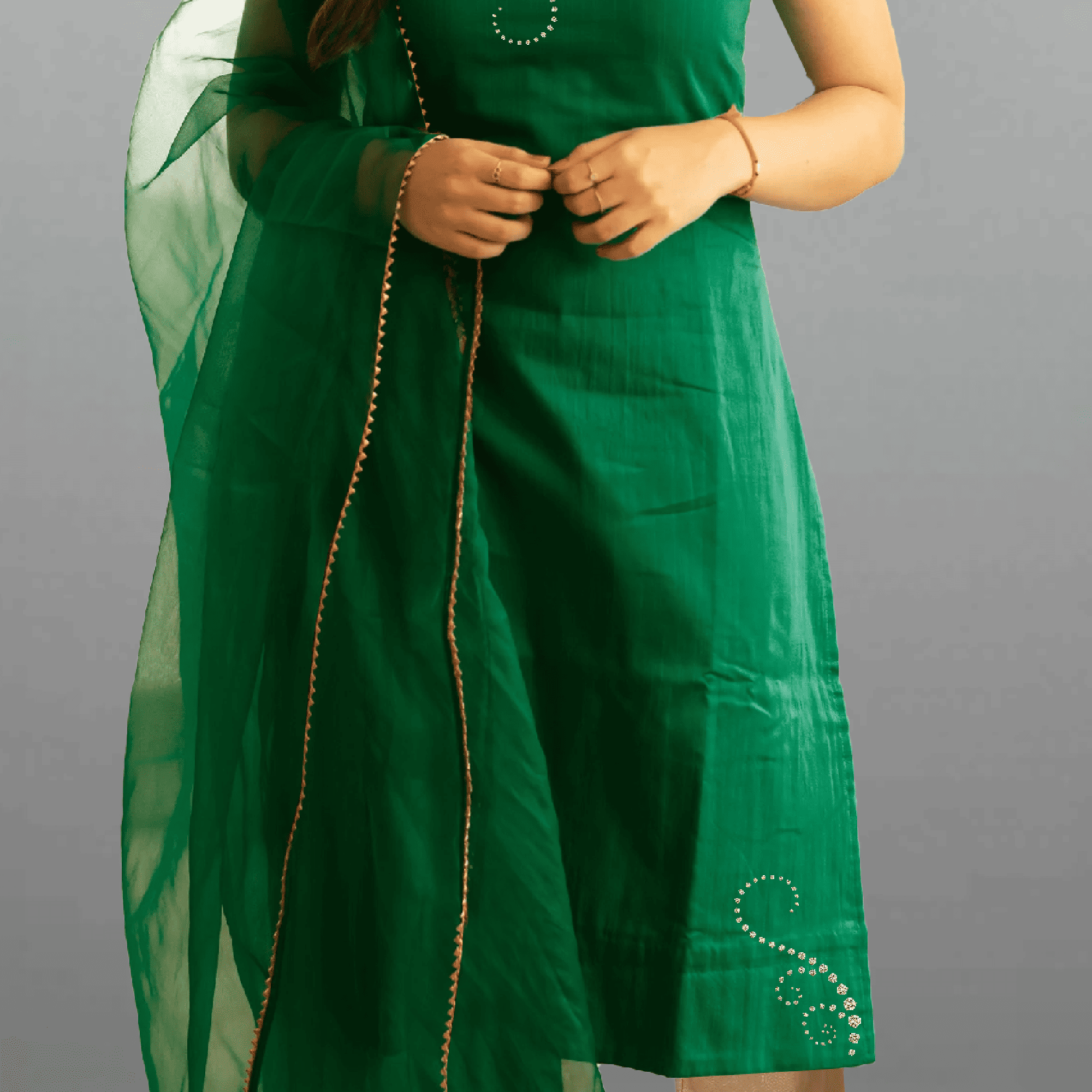 Women's Green kurti set & Golden pants with kundhan work and lace border-RWKS040