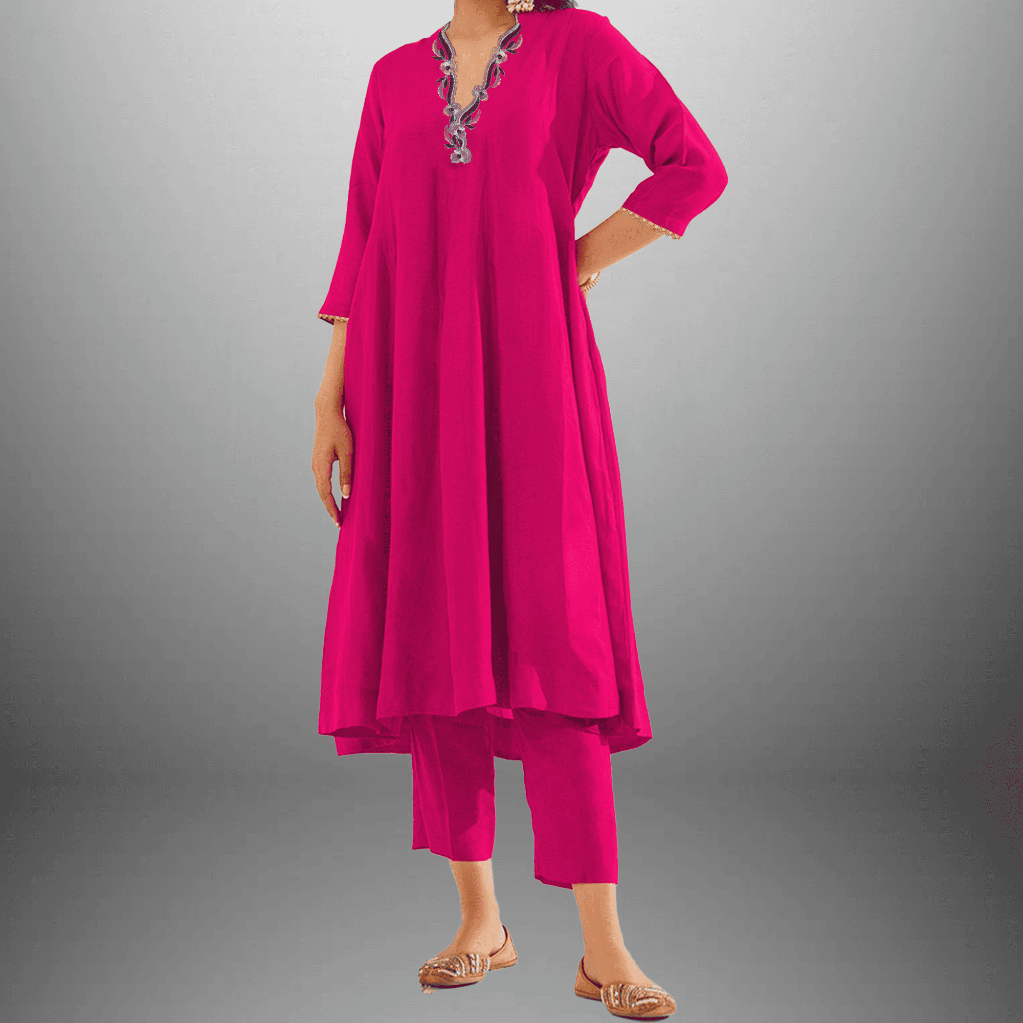 Women's Rose Pink Kurti set with Blue embroidery on neckline-RWKS053