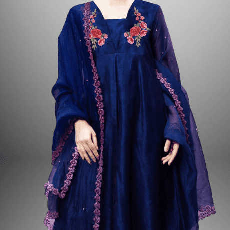Women’s Royal blue embroidered Kurti set with dupatta-RWKS036