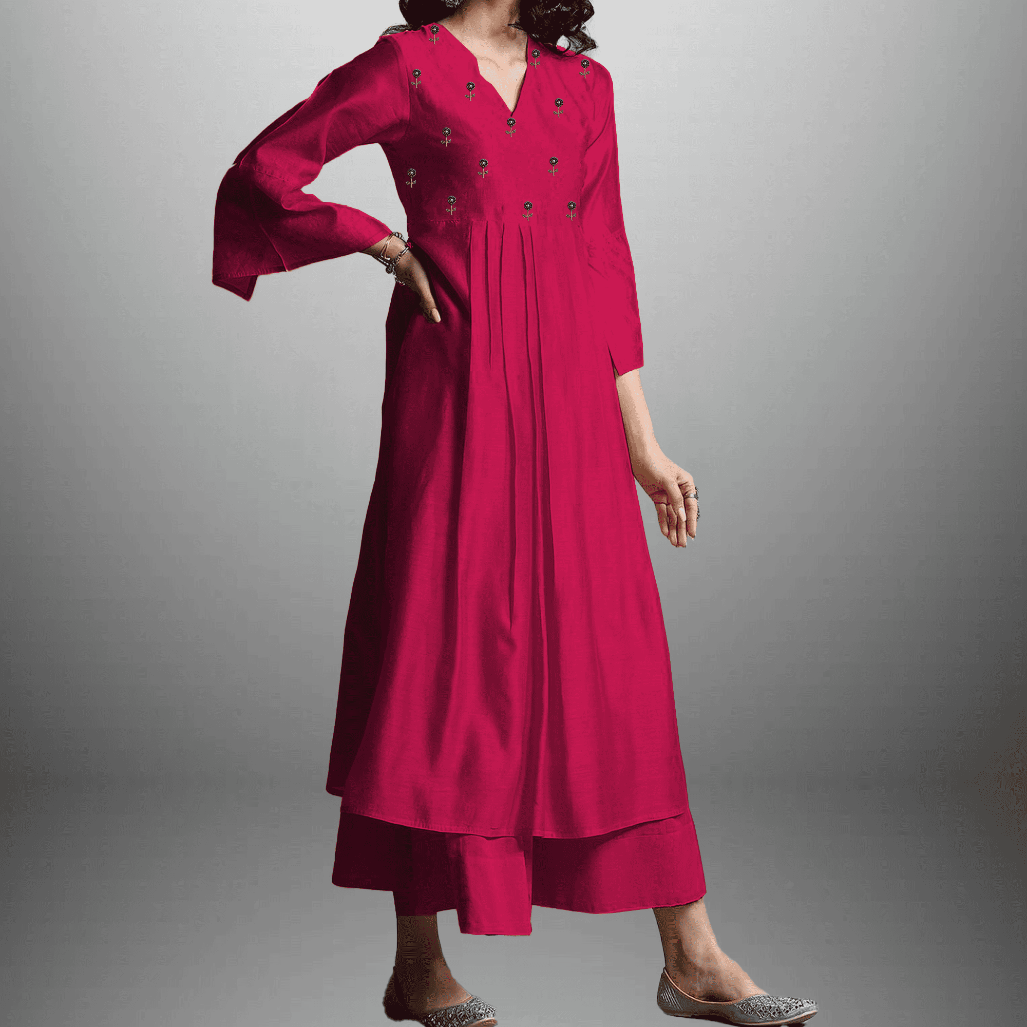 Women's Rubine Red bell sleeve kurti with pant-RWKS055