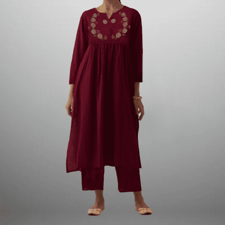 Women’s Wine red Kurti with front floral ribbon work and pant-RWKS033