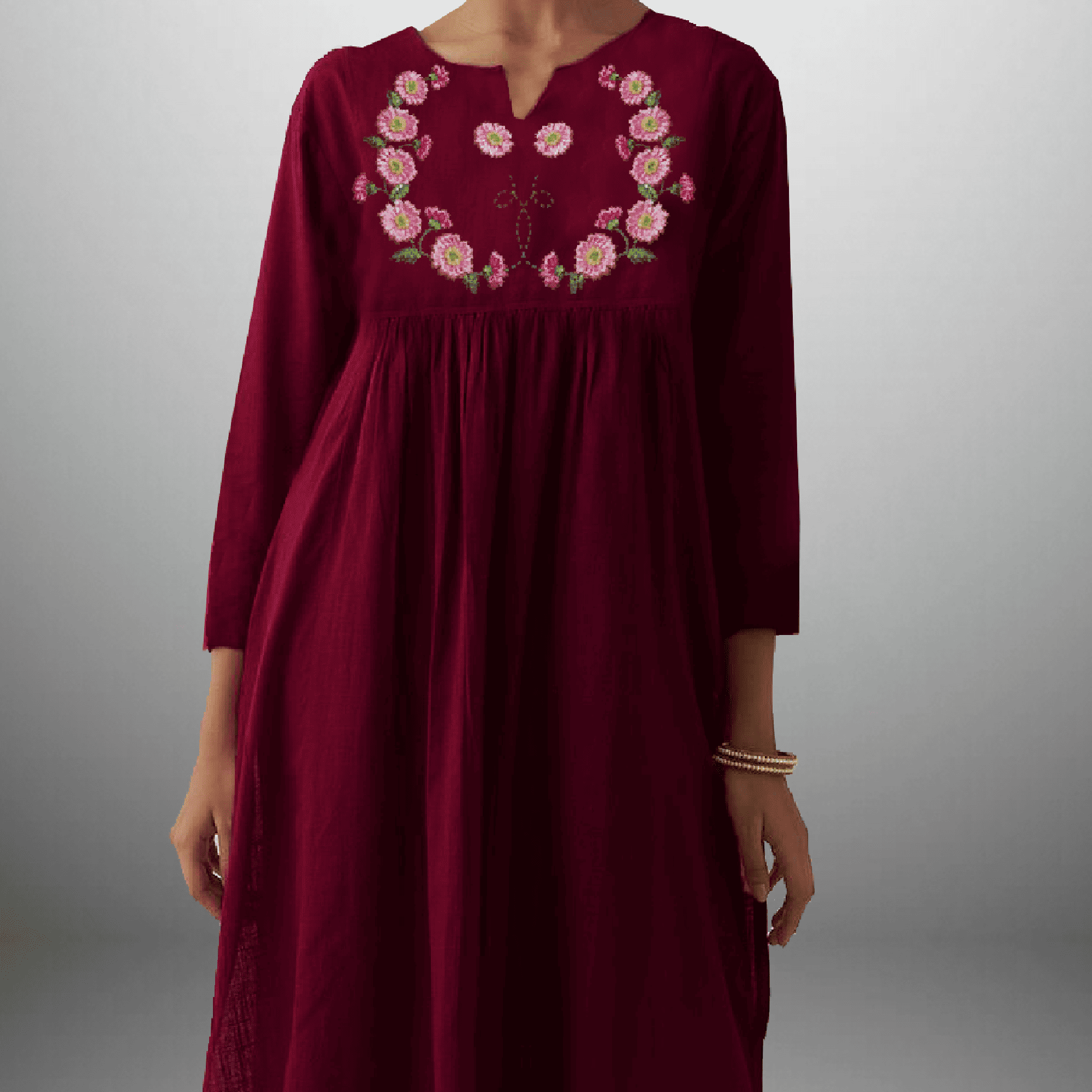 Women's Wine red Kurti with front floral ribbon work and pant-RWKS033