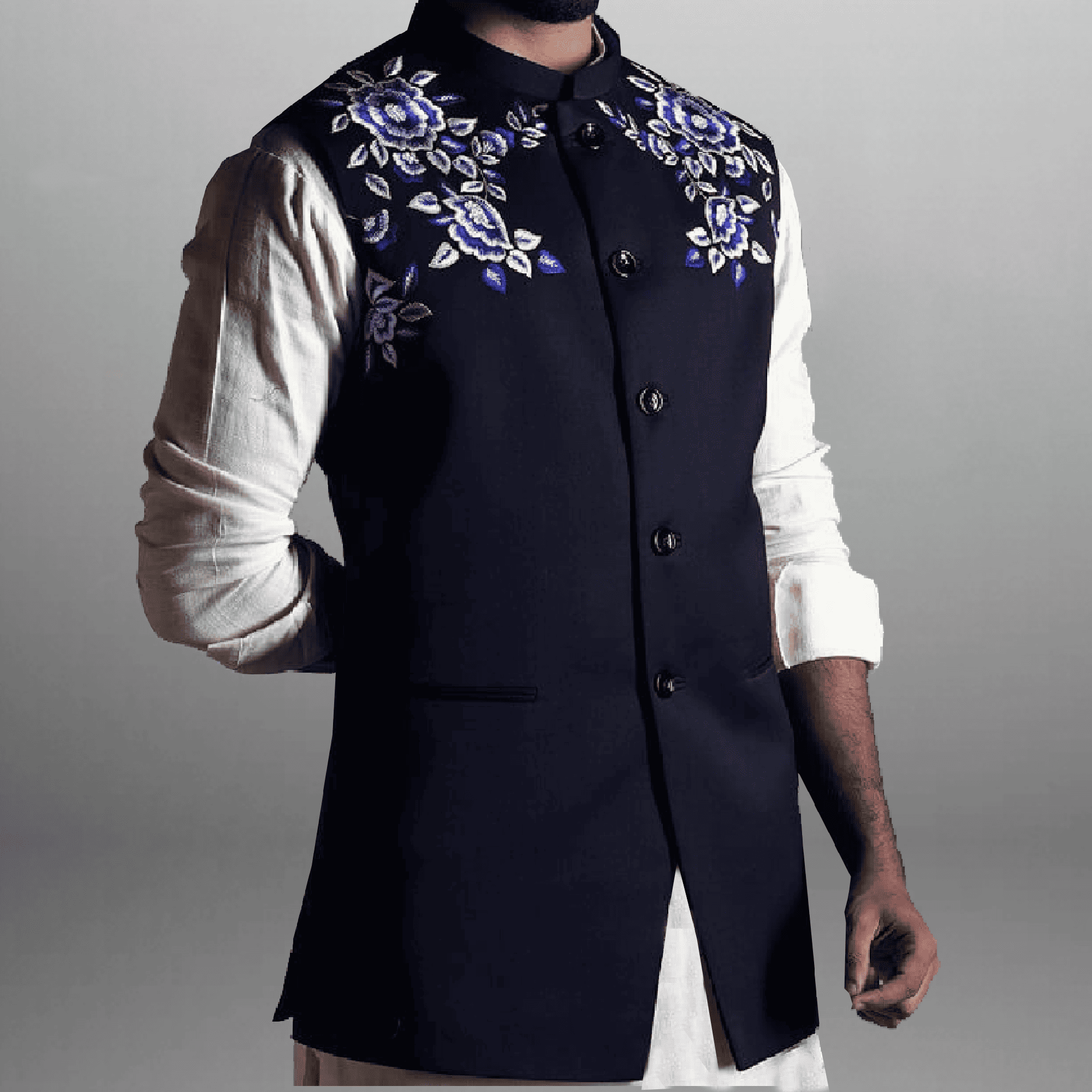 Men's Dark Blue waistcoat with Heavy embroidery on front-RMWC003