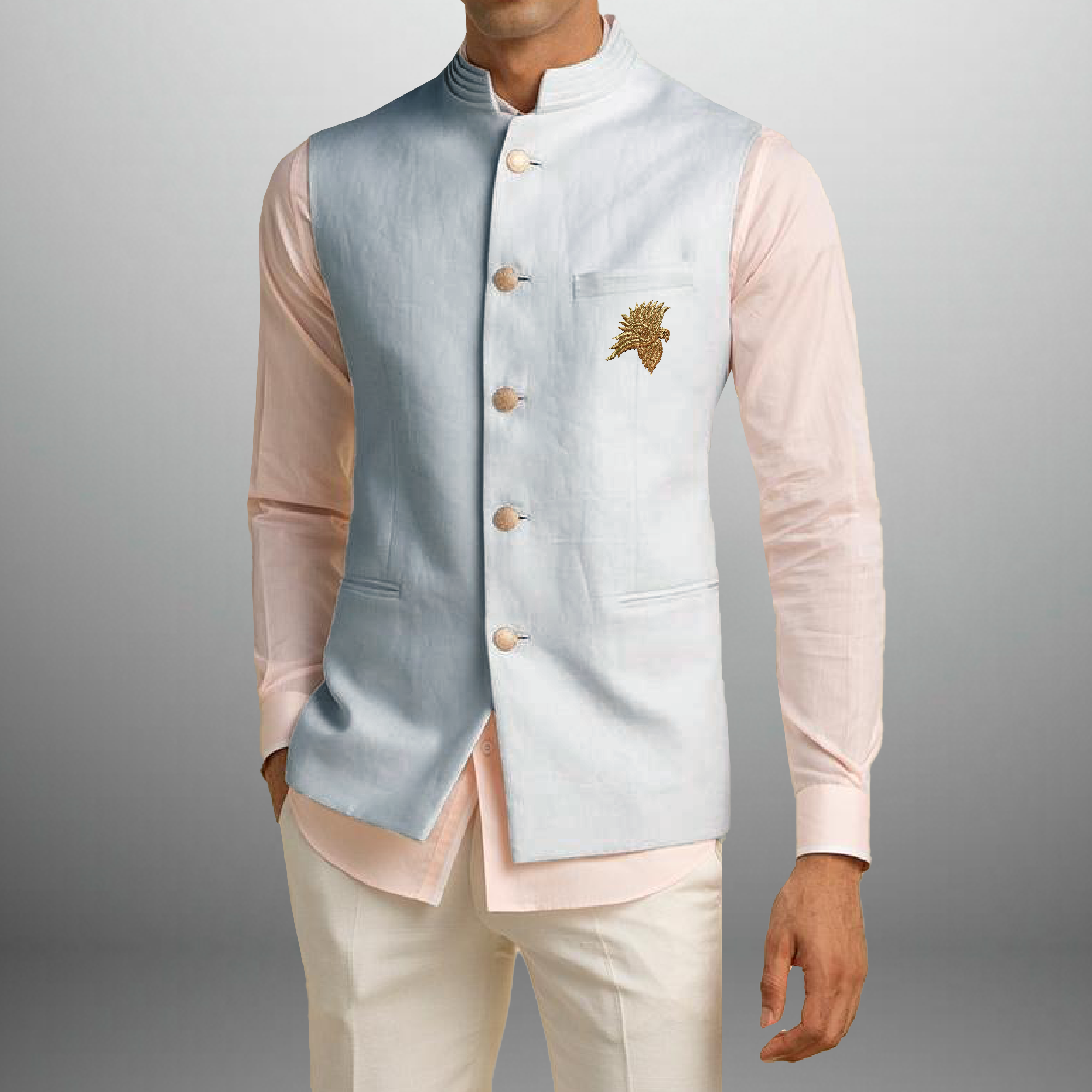 Men's Light Blue waistcoat with front Golden embroidery-RMWC002