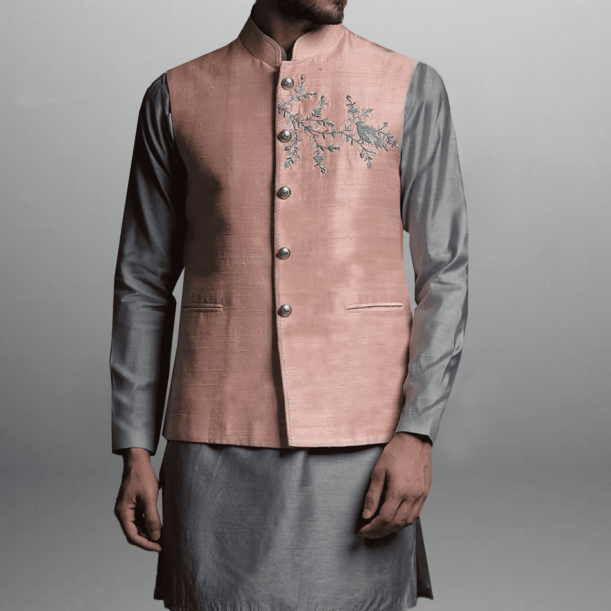 Men's Peach Pink waistcoat with embroidery-RMWC006