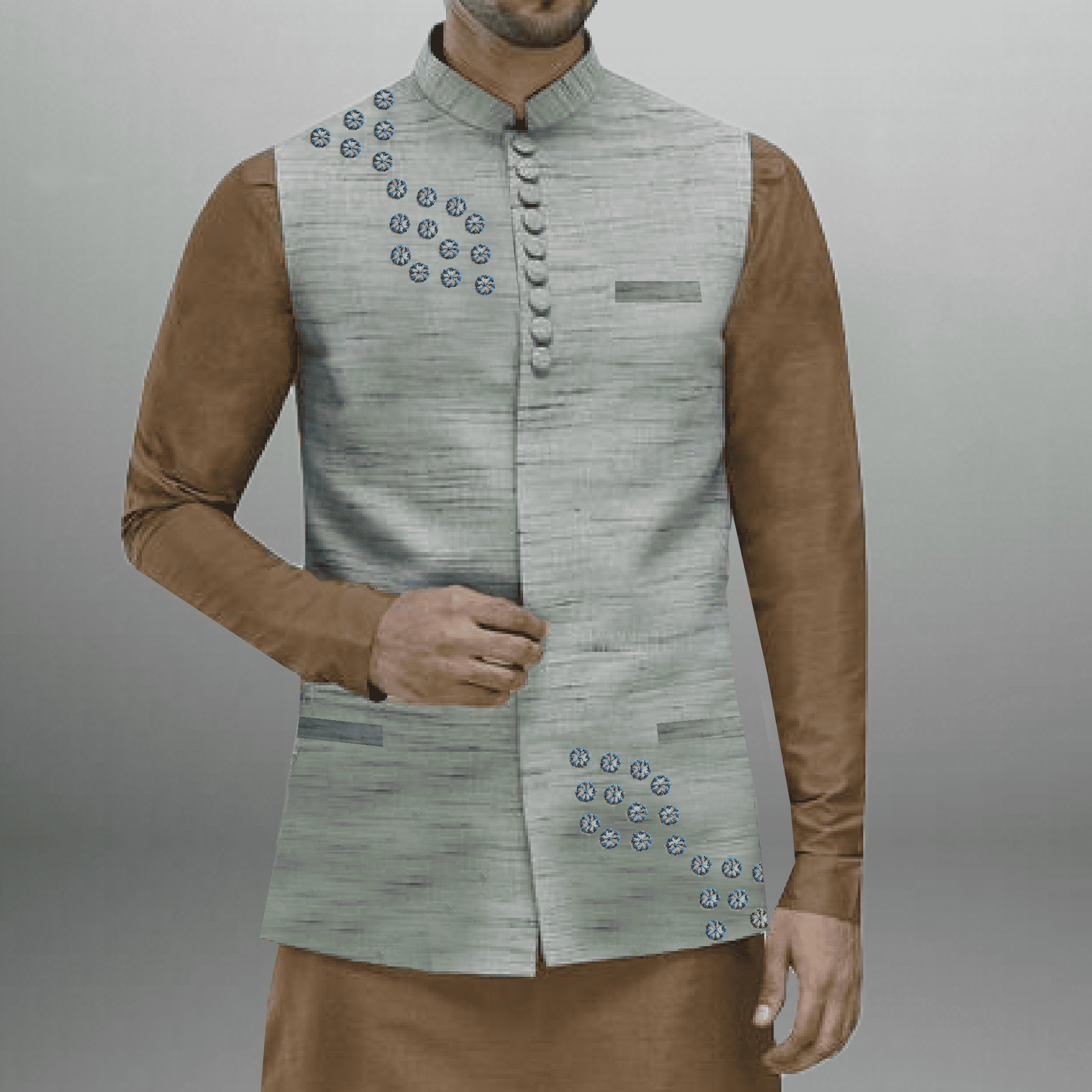 Men's Silver grey Color waistcoat with Mirror work-RMWC005
