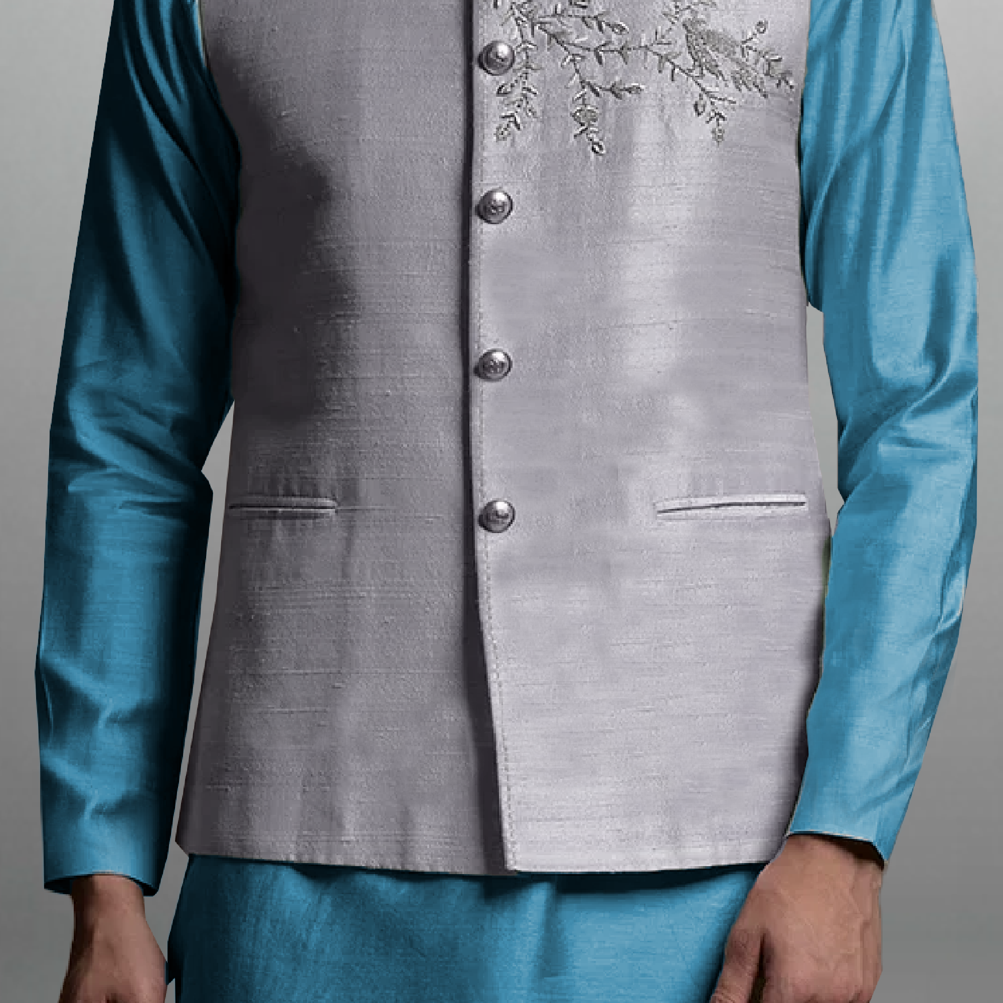 Men's silver Grey waistcoat with front embroidery-RMWC007
