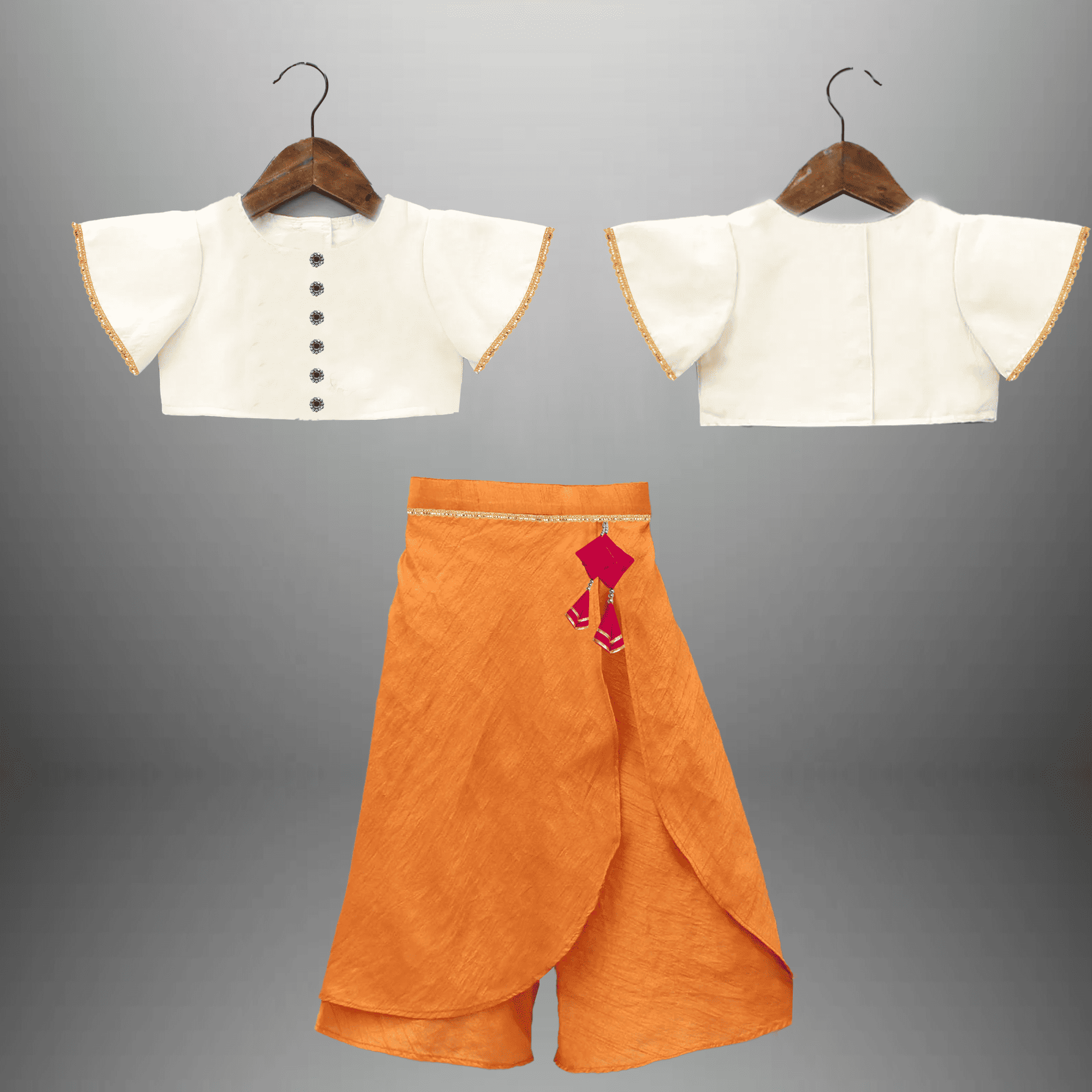 Girl's stylish 2 piece set of orange skirt style palazzo and frilled white top-RKFCW498