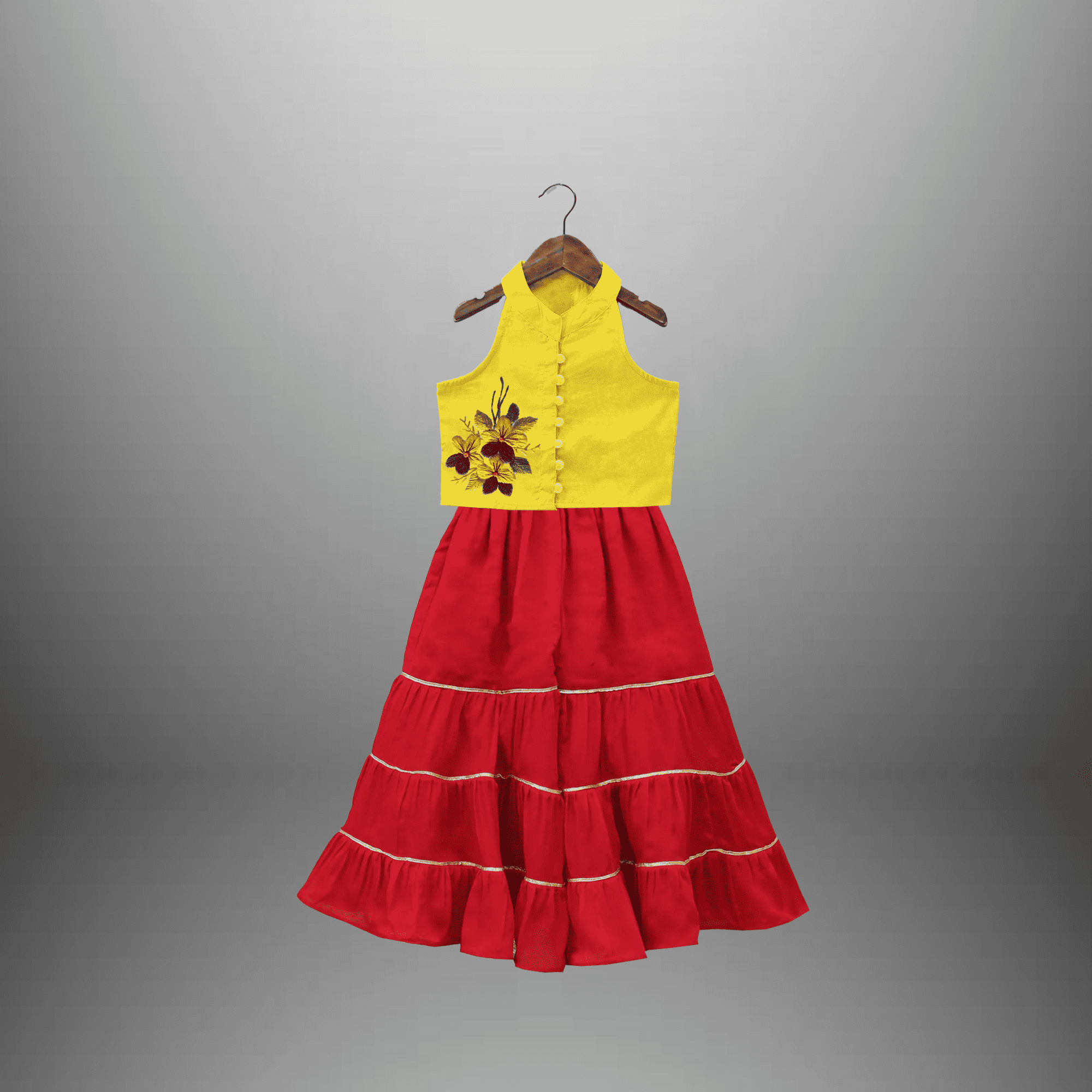 Girl's Red lehenga skirt and yellow sleeveless top-RKFCW494