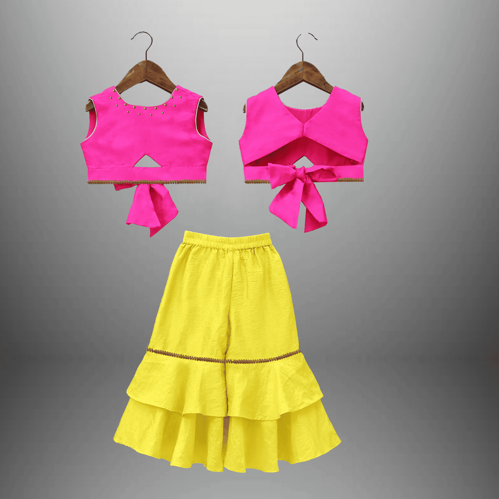 Girl's indo western 2 piece set of neon yellow palazzo and sleeveless pink top-RKFCW496