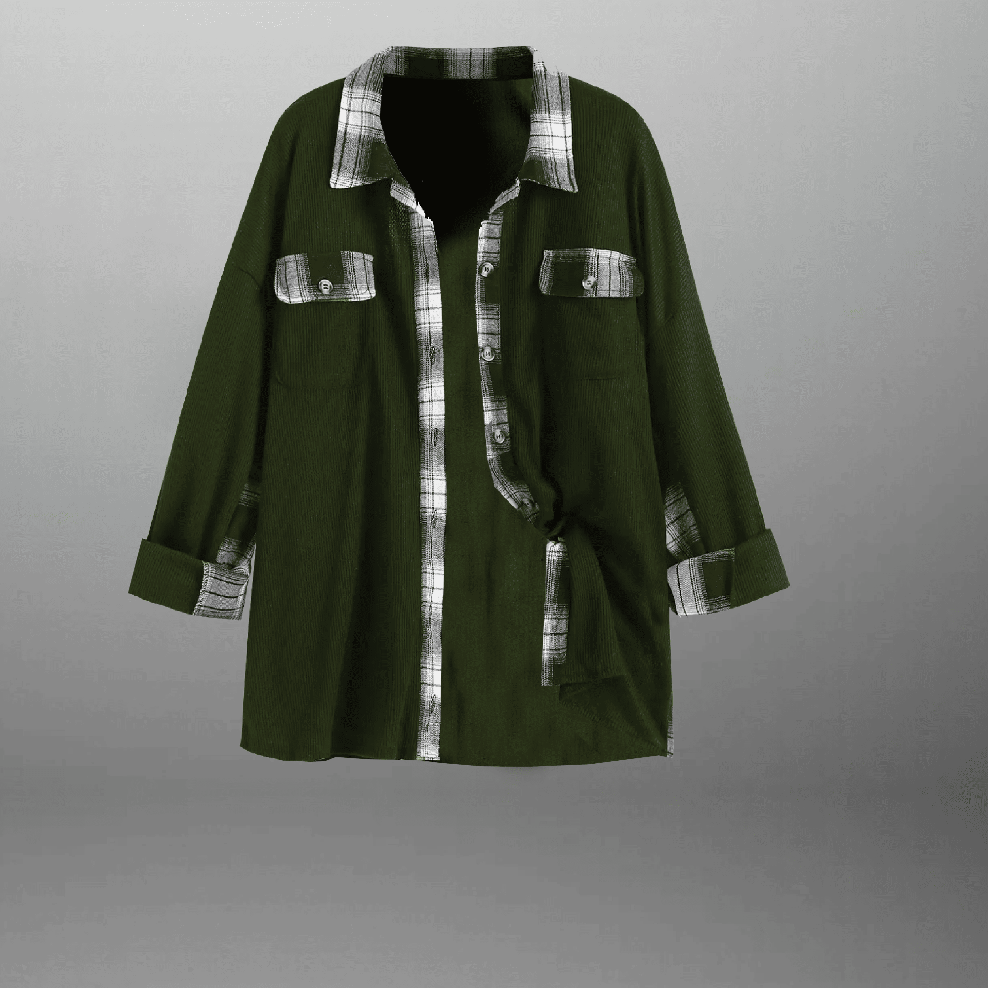 Men's Solid Green Corduroy oversized shirt with checks patches-RMS019