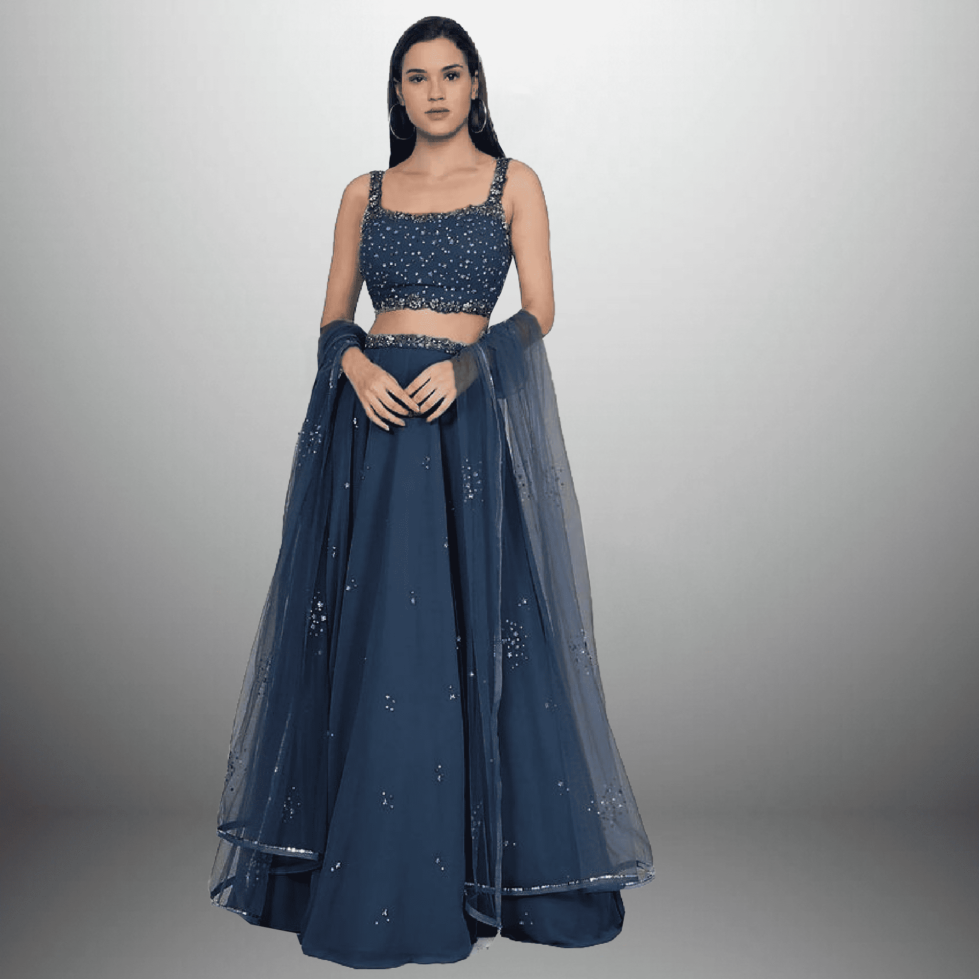 Blue Georgette Lehenga with embellishmed blouse and Dupatta-RFL003