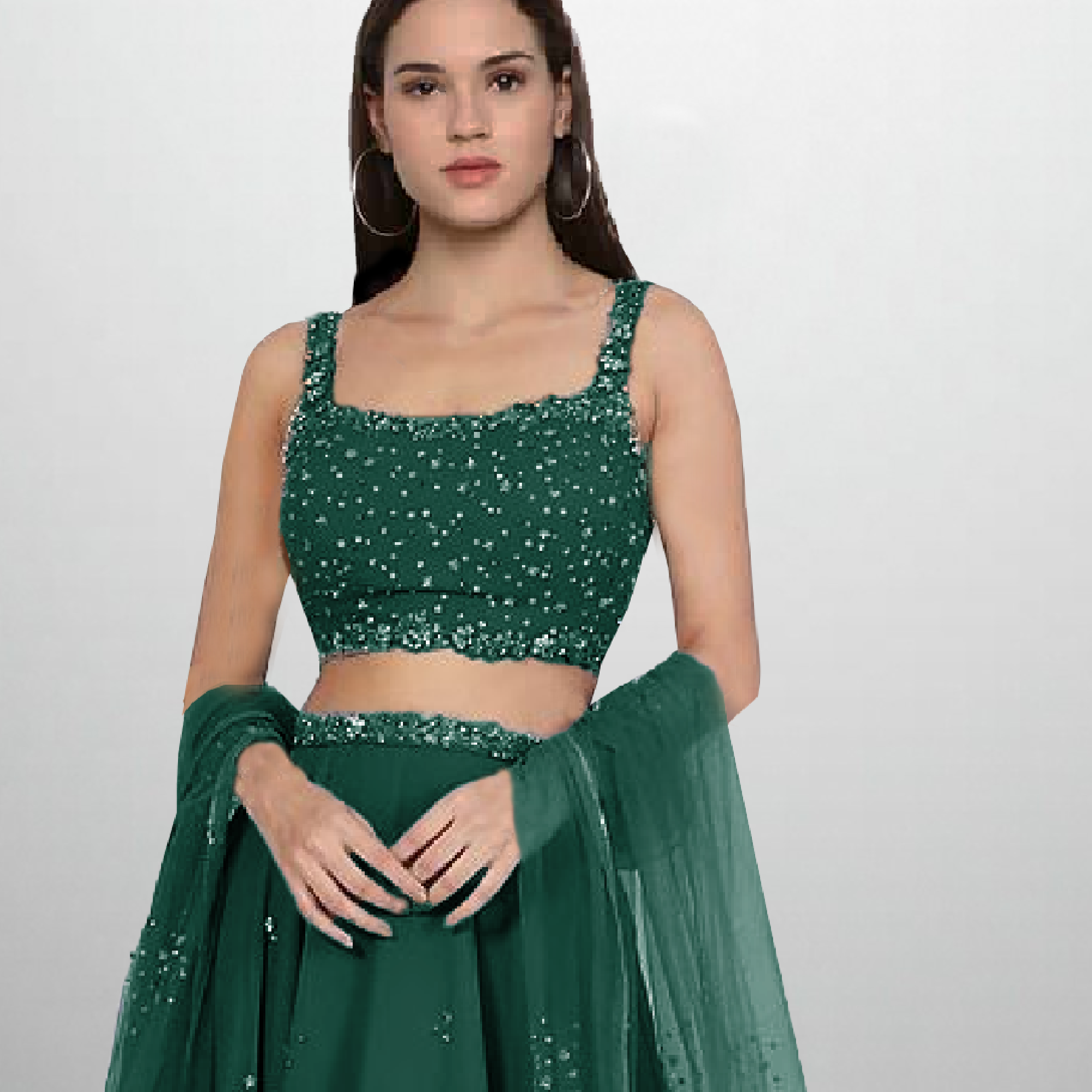 Green Georgette Lehenga with embellishmed blouse and Dupatta-RFL004