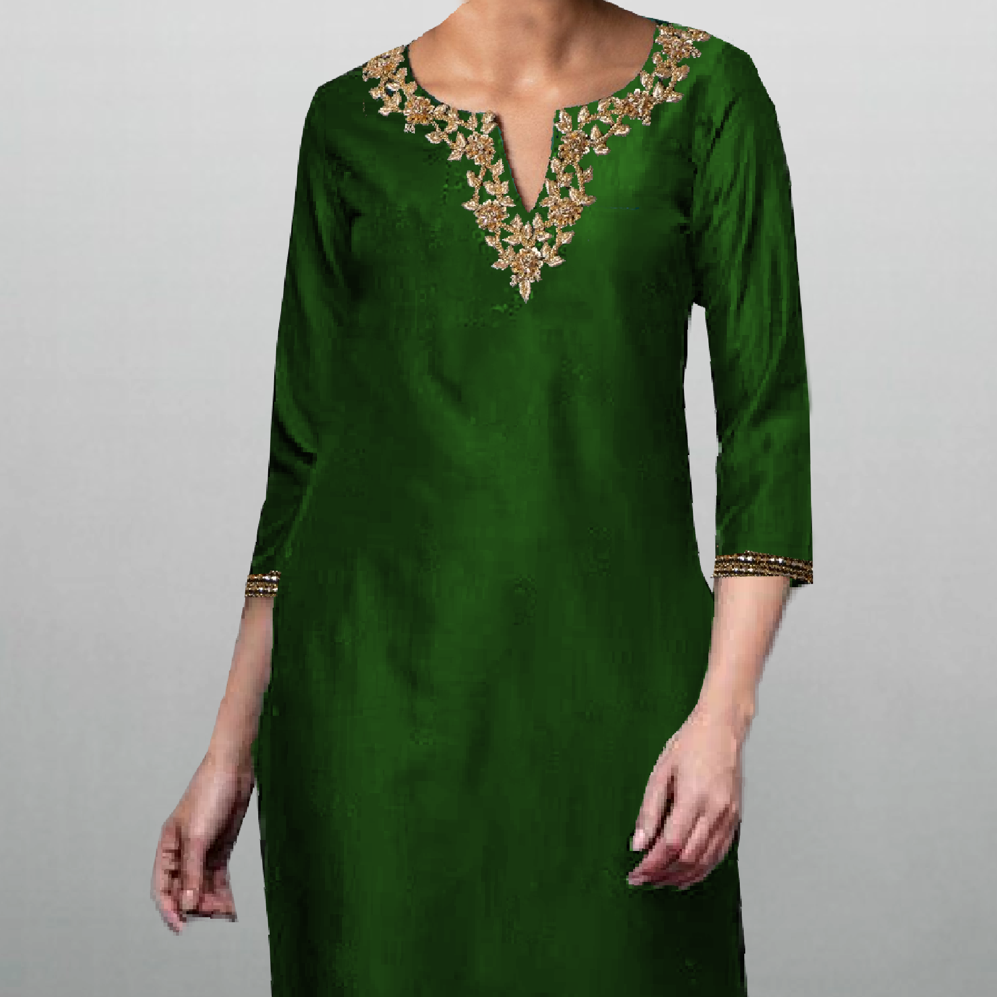 Women's Green neck line embroidered Kurti with Pant-RWKS067