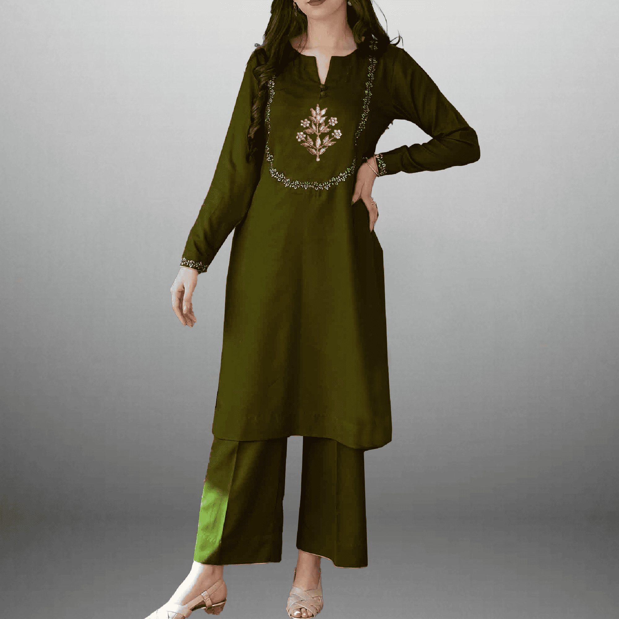 Women's Green embroidered Kurti with palazzo-RWKS065
