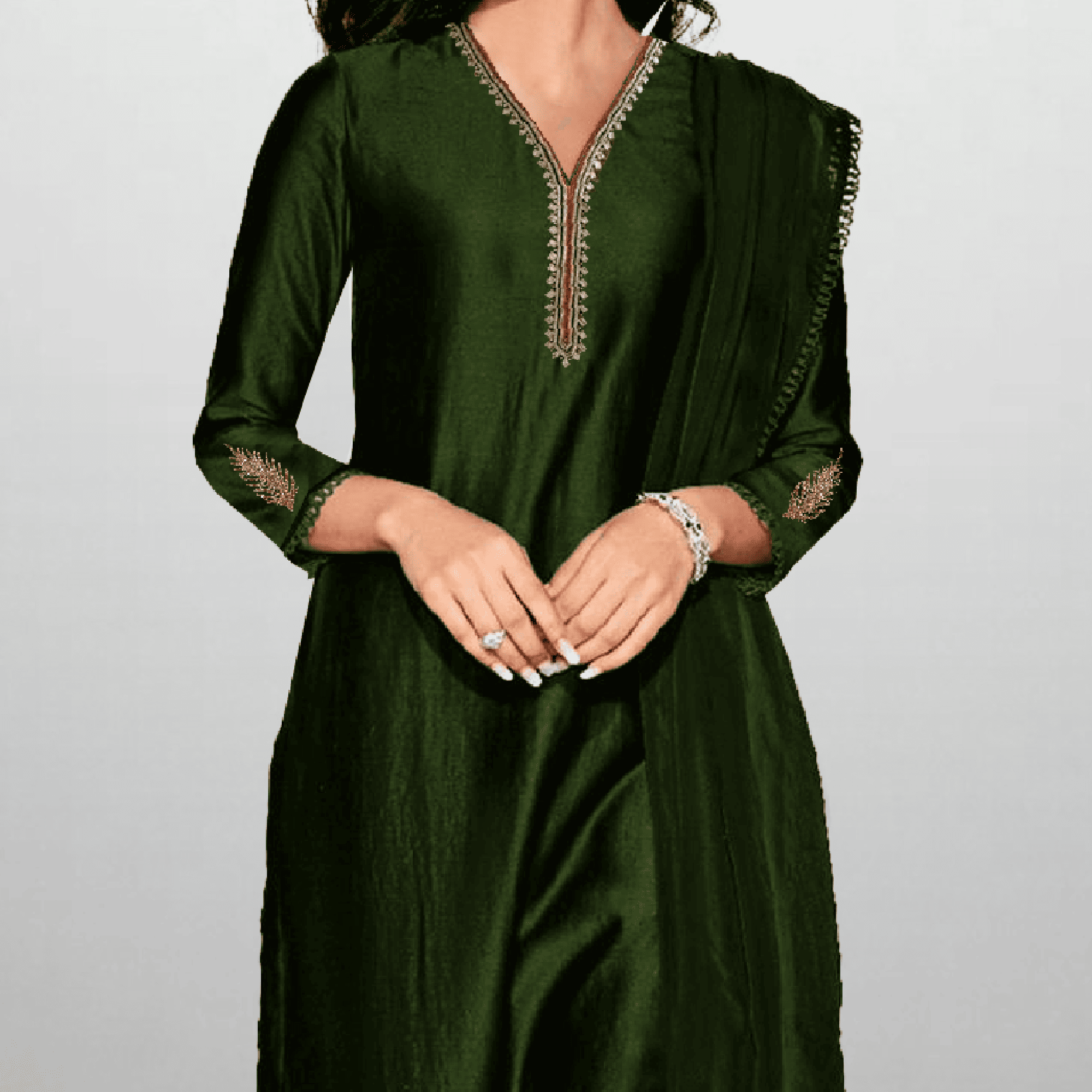 Women's Sleeve embroidered  Green  Kurti with pant and Dupatta-RWKS061