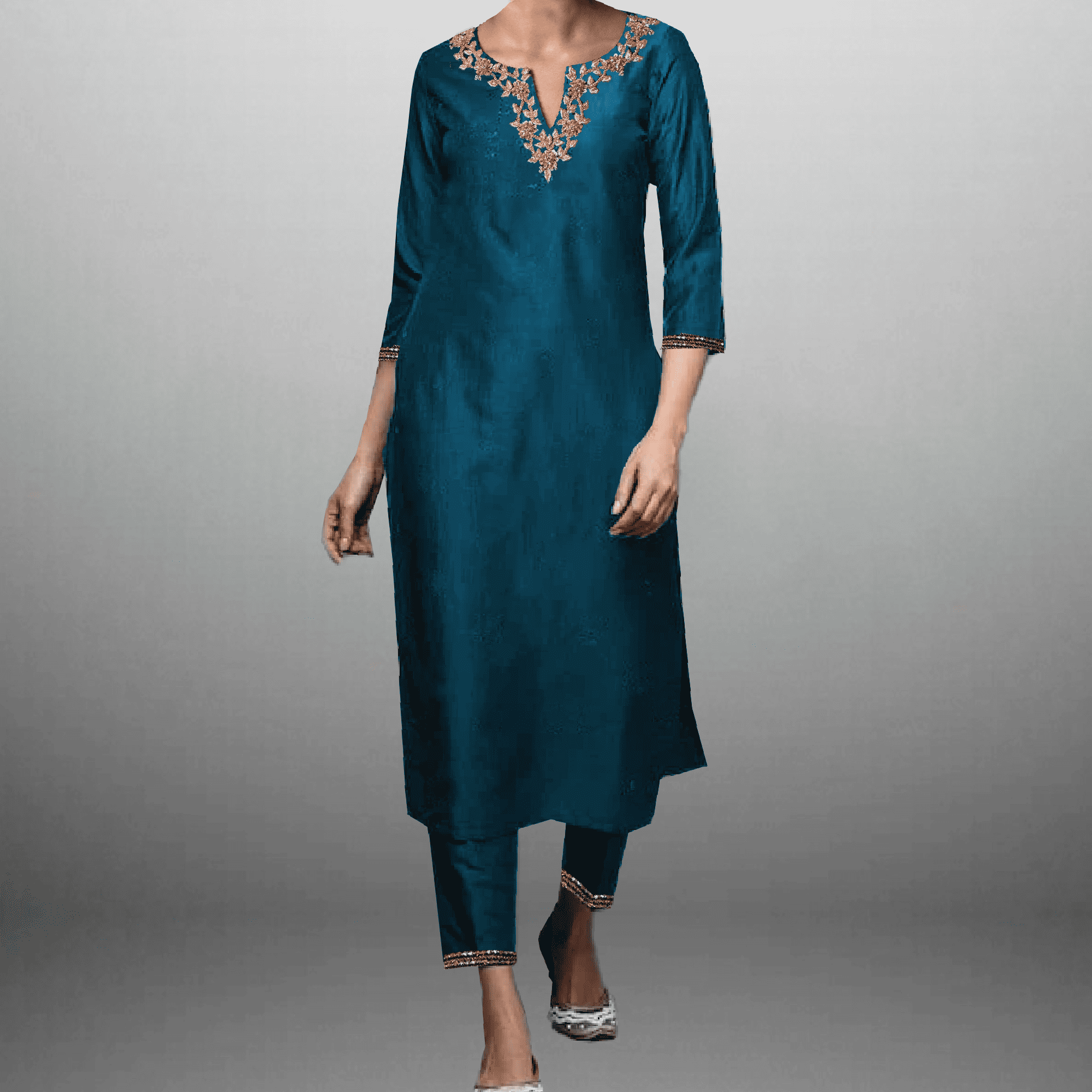 Women's Sea Blue neck line embroidered Kurti with Pant-RWKS068