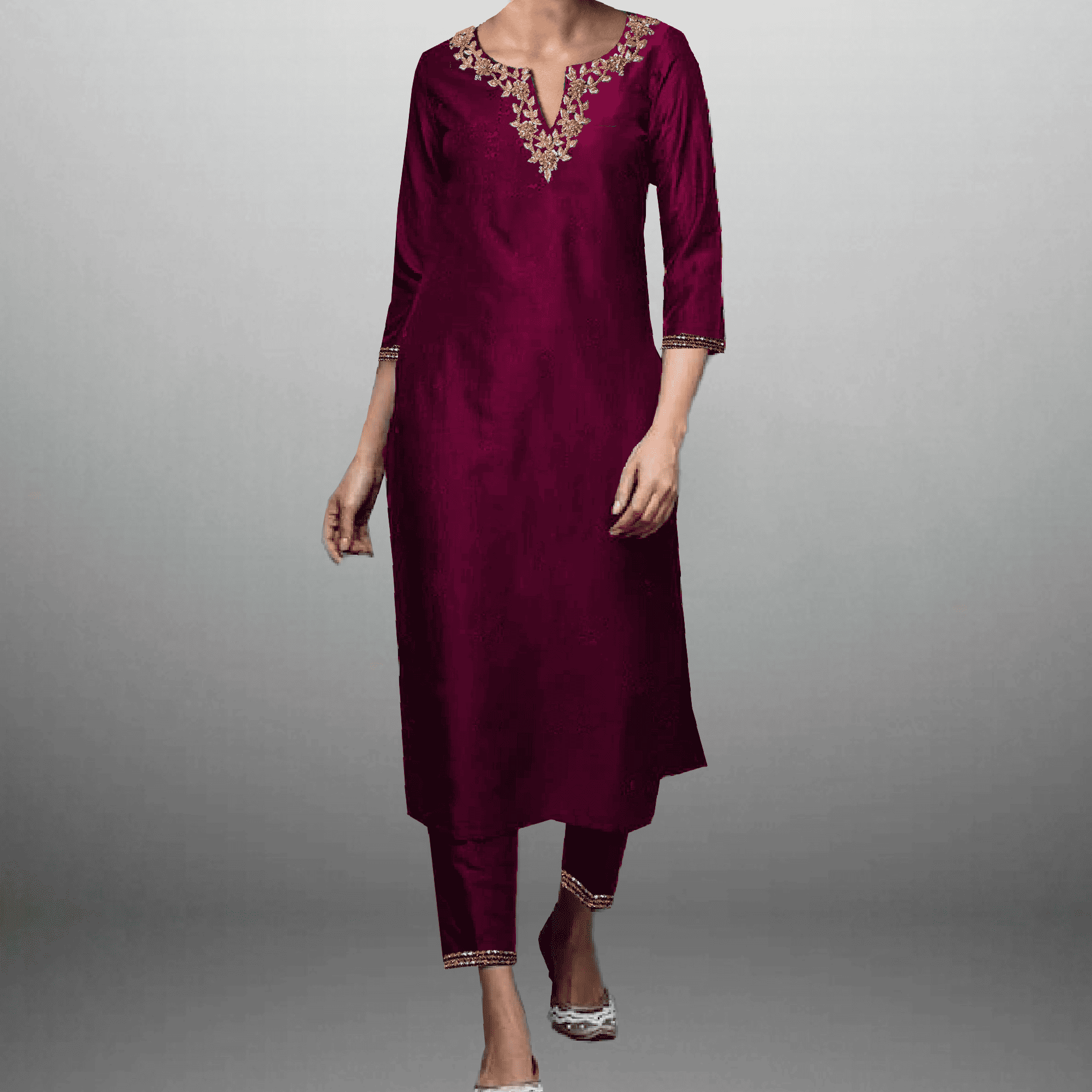 Women's Tyrian Purple neck line embroidered Kurti with Pant-RWKS069