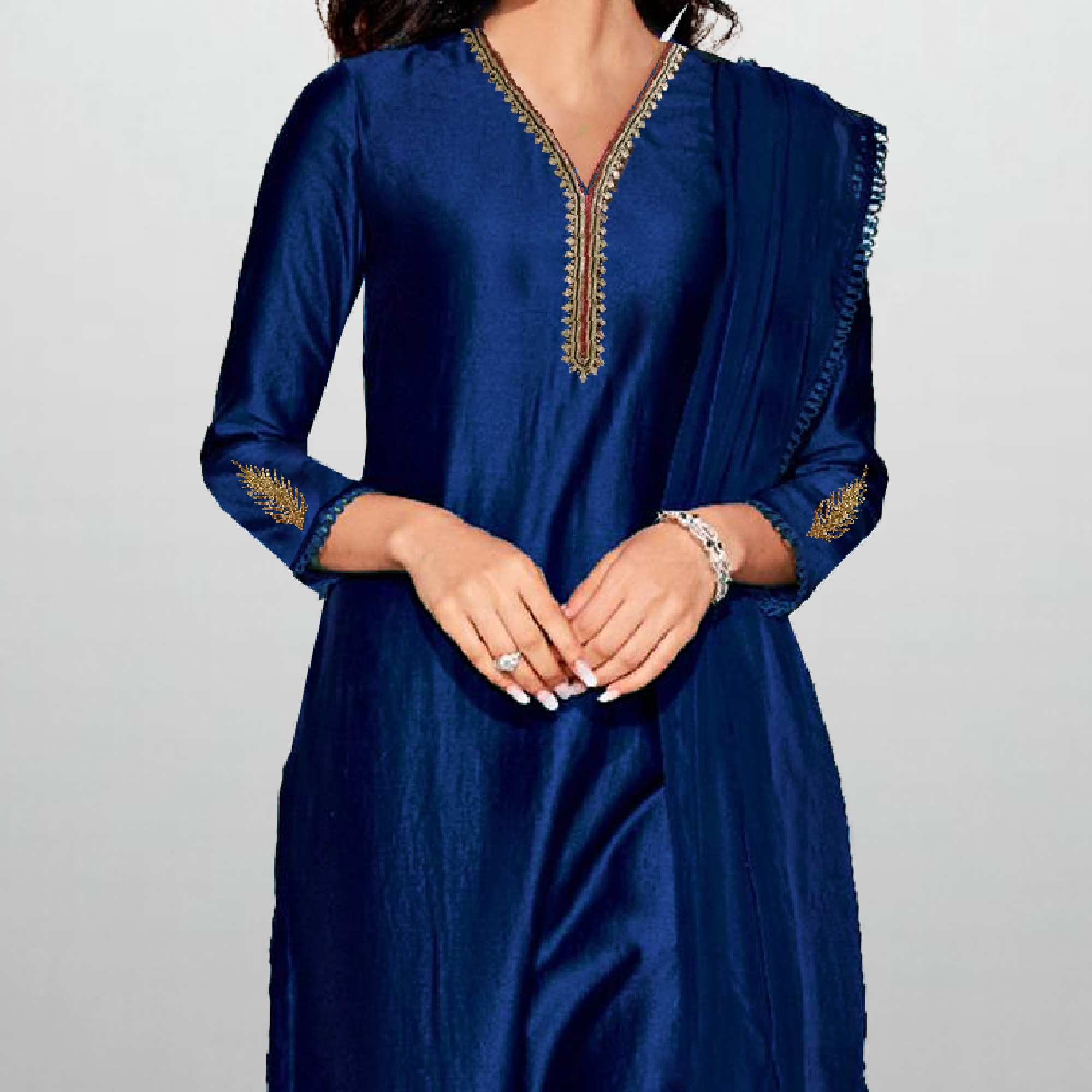 Women's Sleeve embroidered Royal Blue Kurti with pant and Dupatta-RWKS060