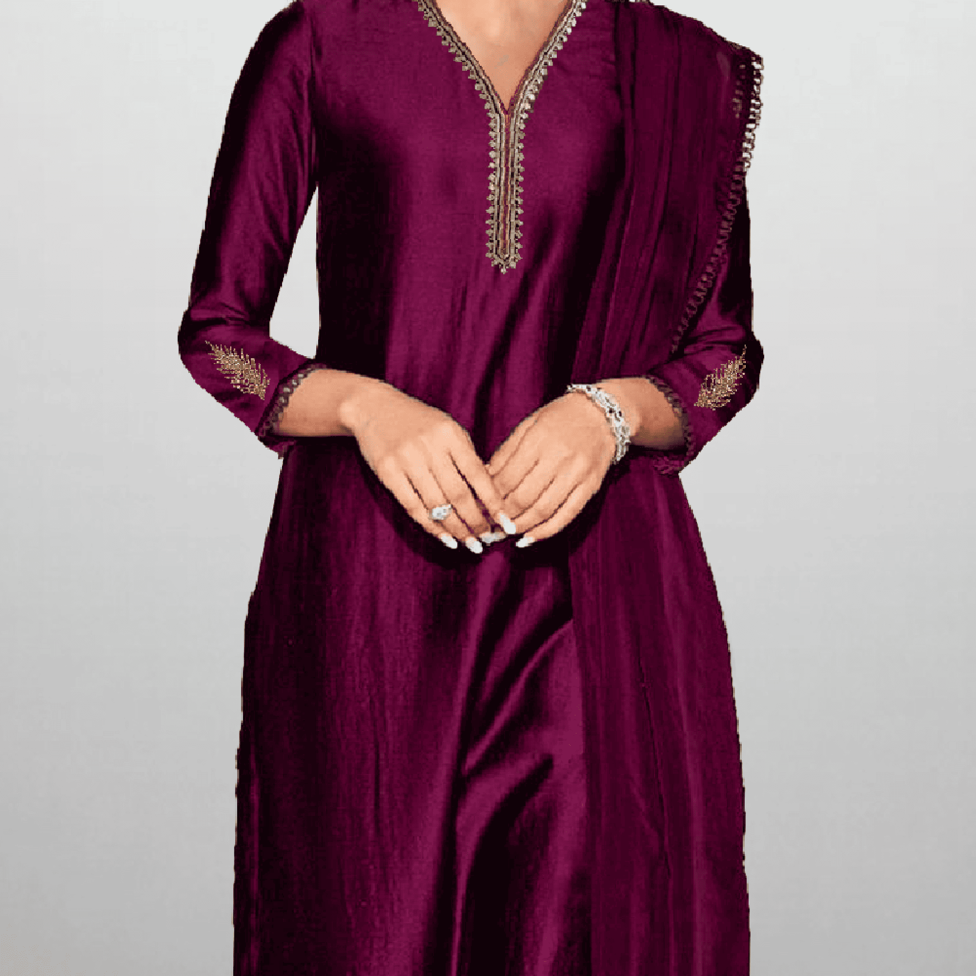 Women's Sleeve embroidered  Tyrian Purple Kurti with pant and Dupatta-RWKS063