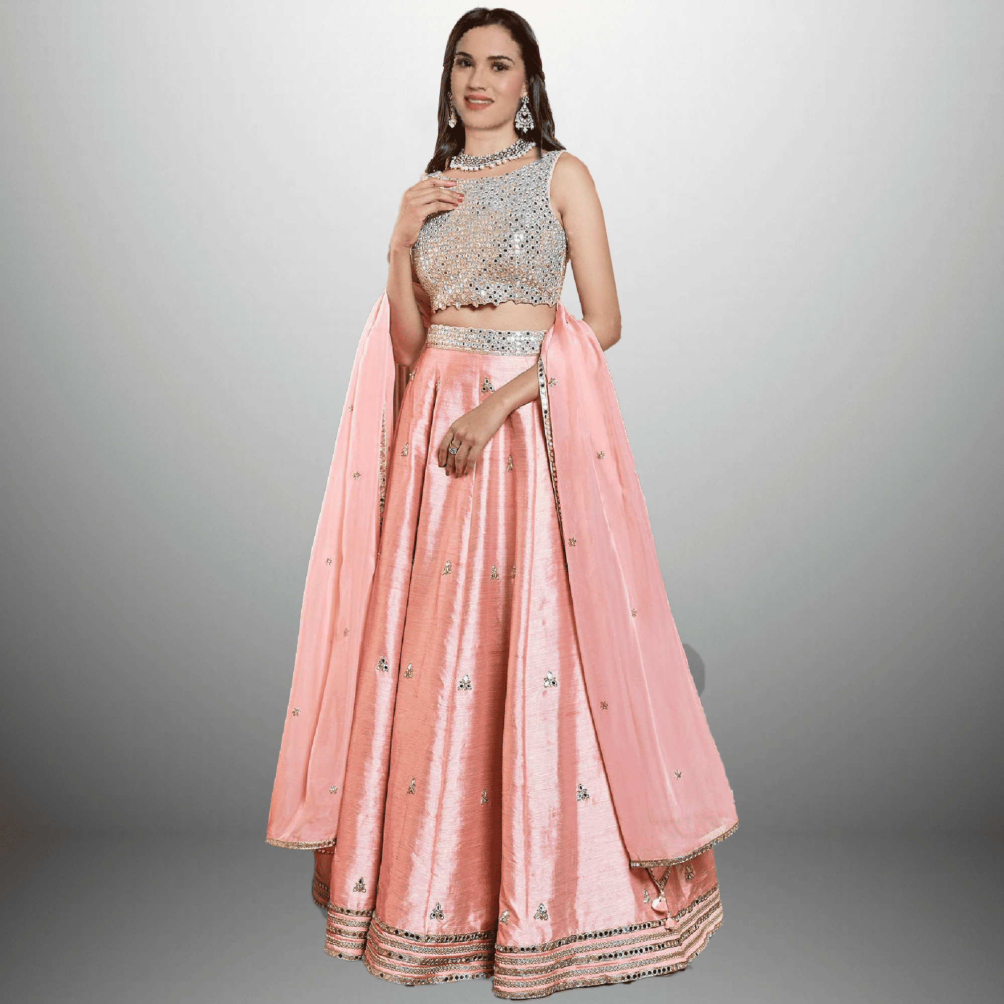 Peach pink Lehenga with sleeveless mirror embellished Choli with Dupatta-RFL001