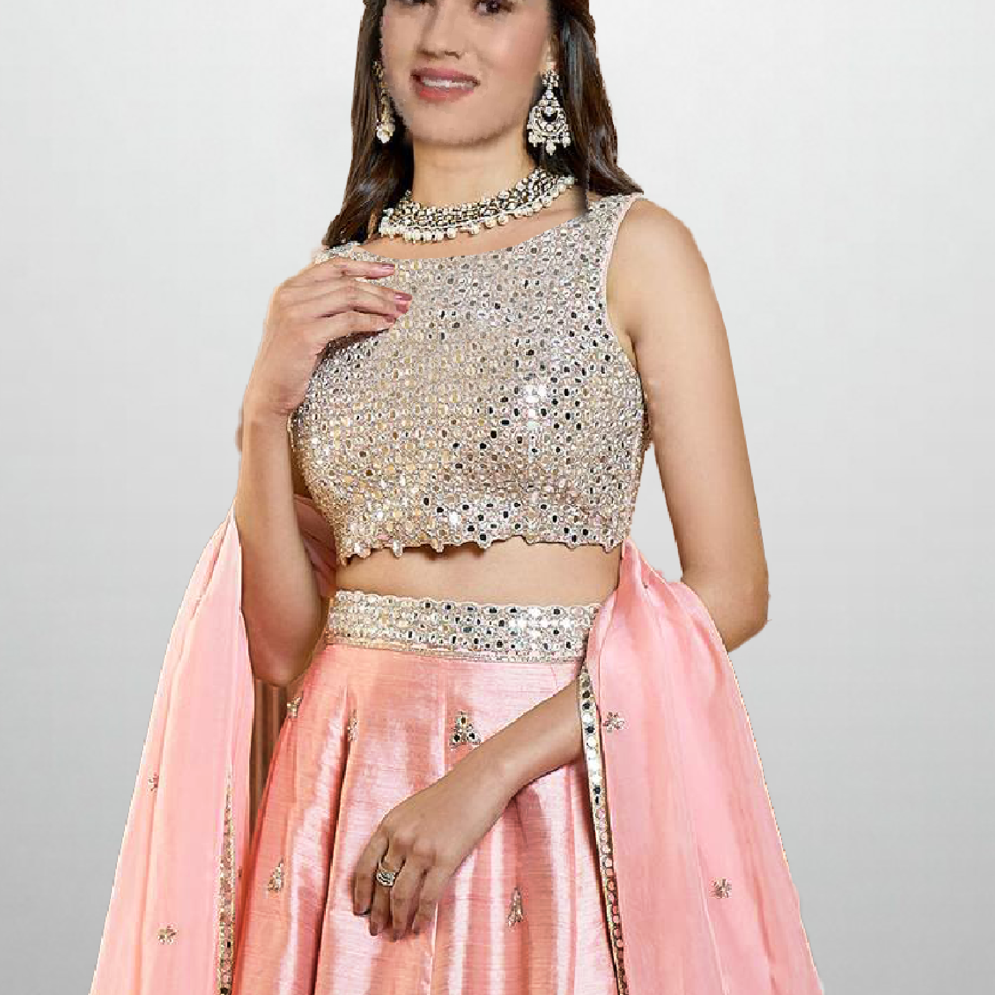 Peach pink Lehenga with sleeveless mirror embellished Choli with Dupatta-RFL001