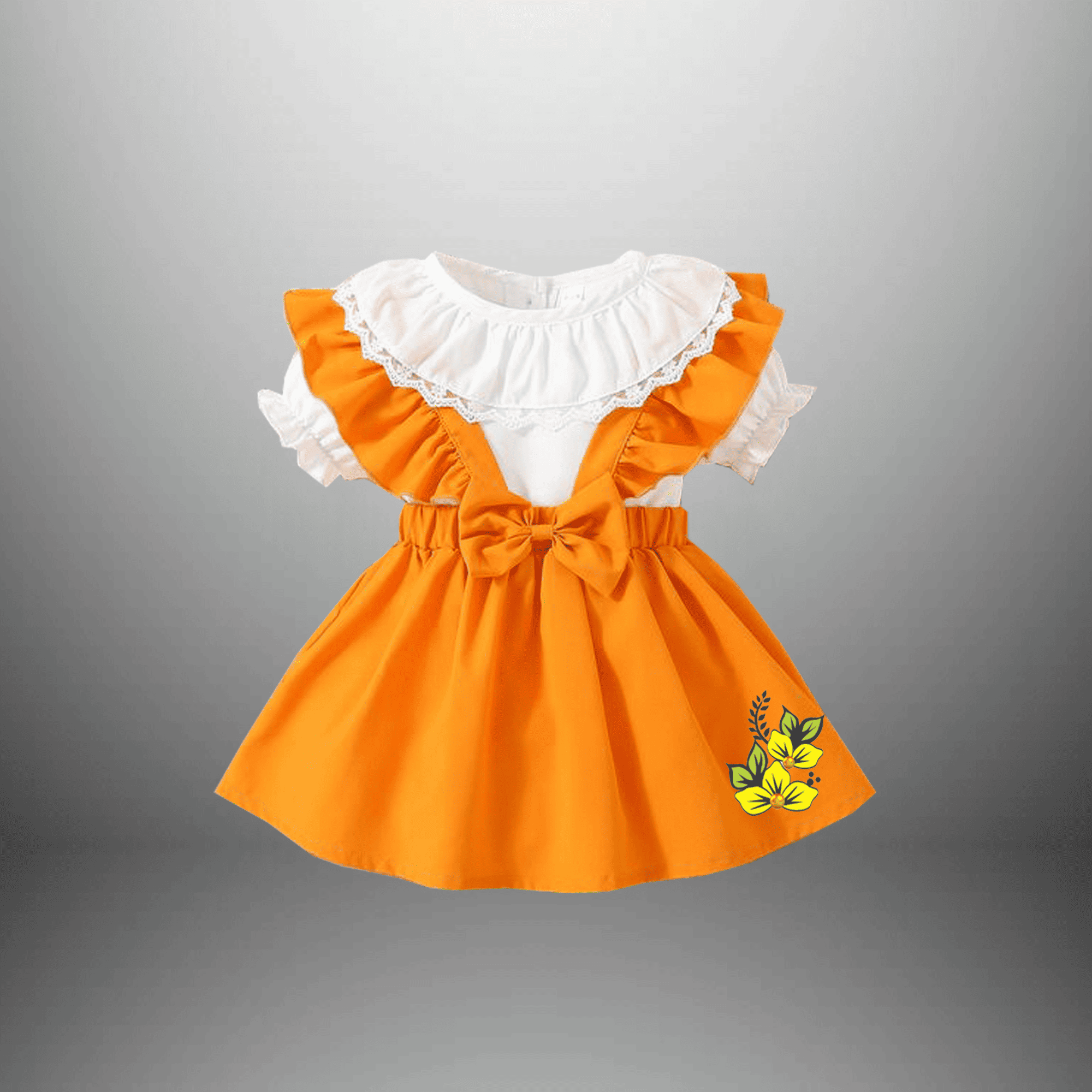 Girl's 2 piece set of Frilled Orange dress with Half Sleeve Top-RKFCW508