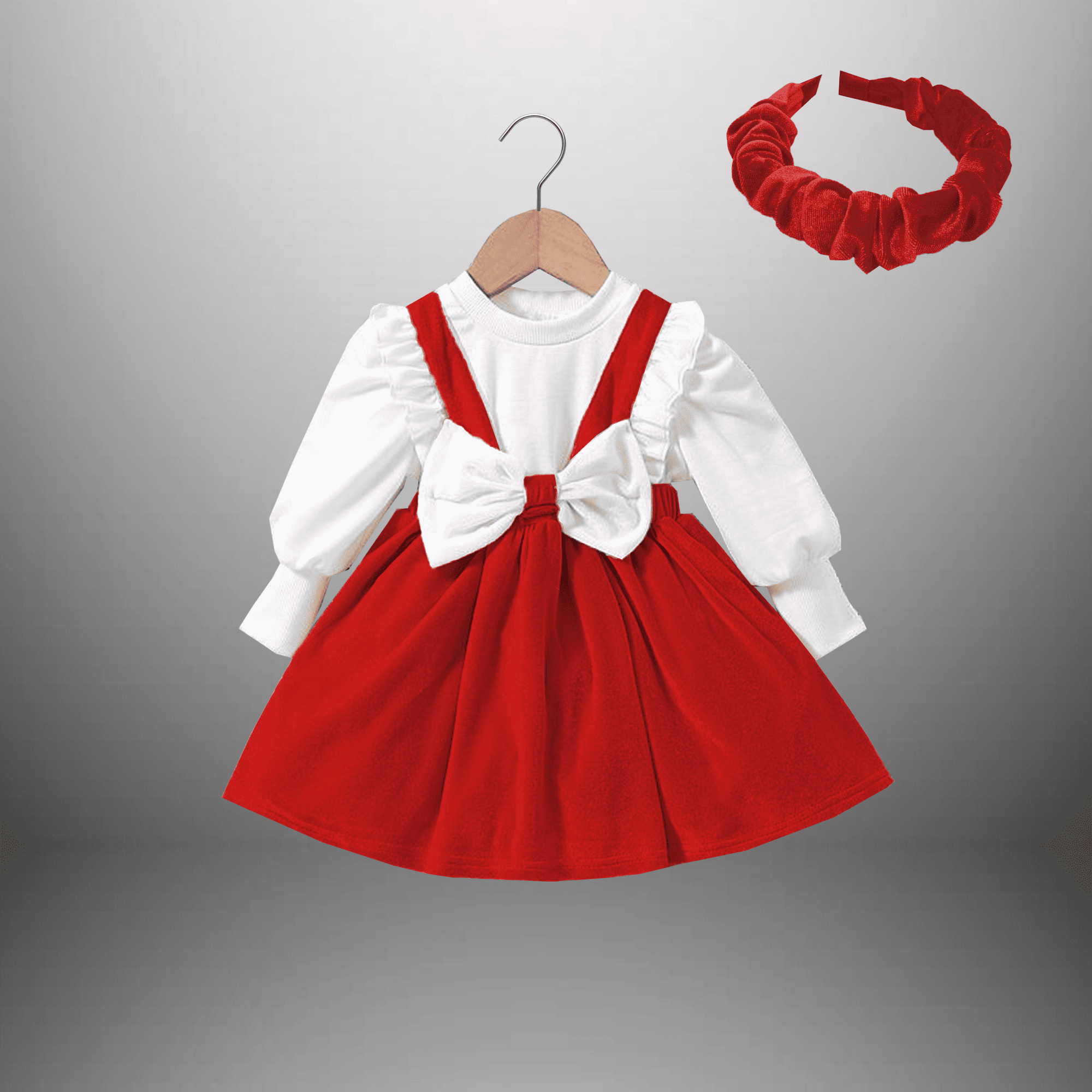 Girl's 2 piece set of Red Velvet pinafore dress with Balloon Sleeve Top and a free hairband-RKFCW507