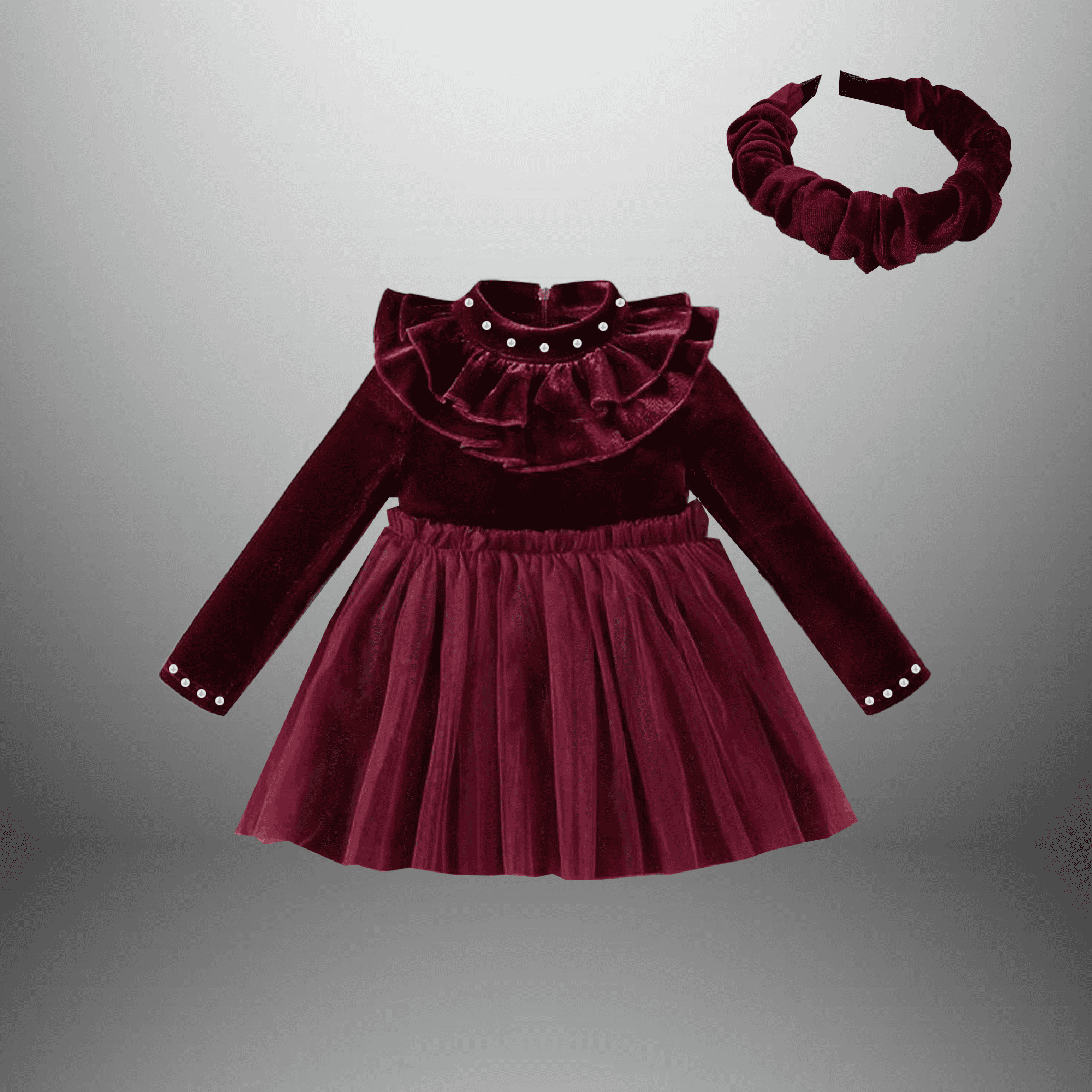 Girl's Wine Red Velvet & Net Full Sleeve dress with High Neck and frills and Pearl embellishment-RKFCW513