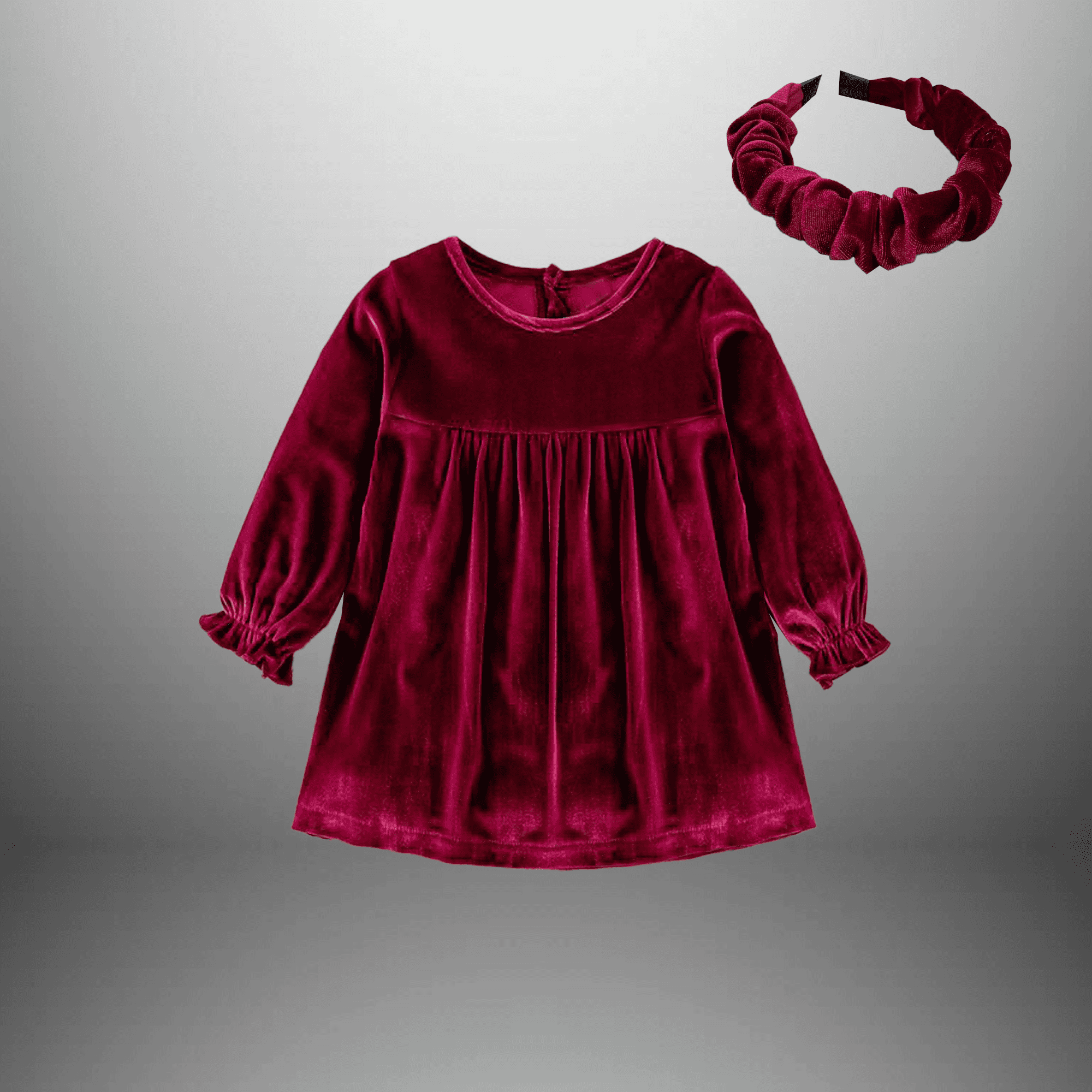 Girl's Wine Red Velvet Full Sleeve dress with a free hairband-RKFCW514