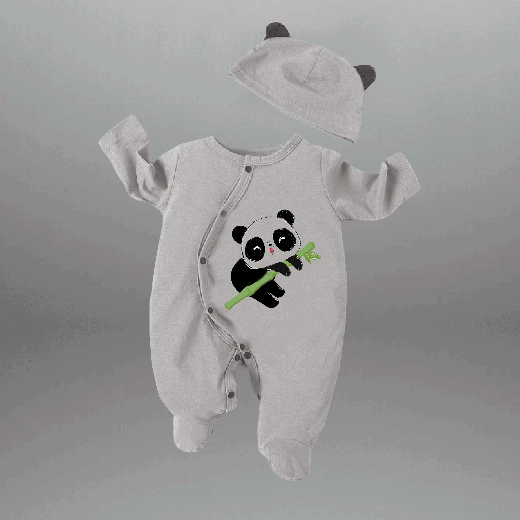 Toddler's Grey Romper with cute lazy panda motif and a free cap-RKFCTT104