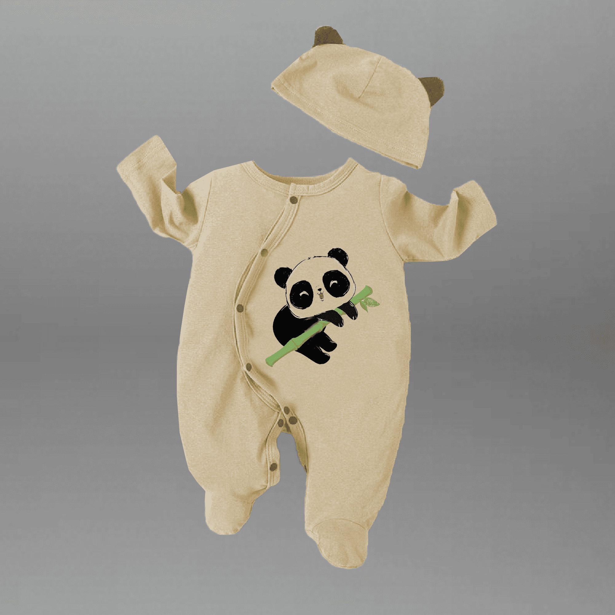 Toddler's Light Yellow Romper with cute lazy panda motif and a free cap-RKFCTT106