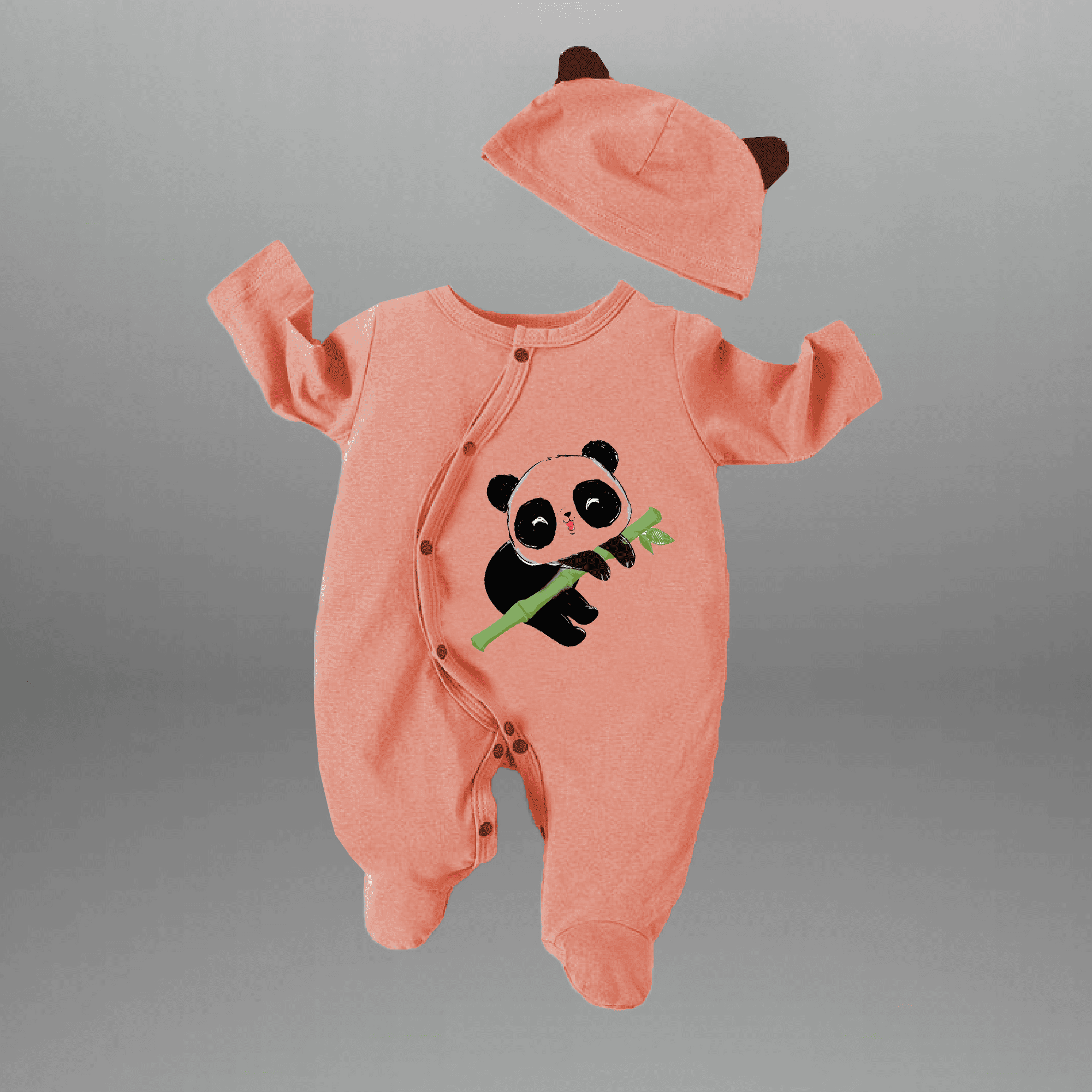 Toddler's Peach Romper with cute lazy panda motif and a free cap-RKFCTT105
