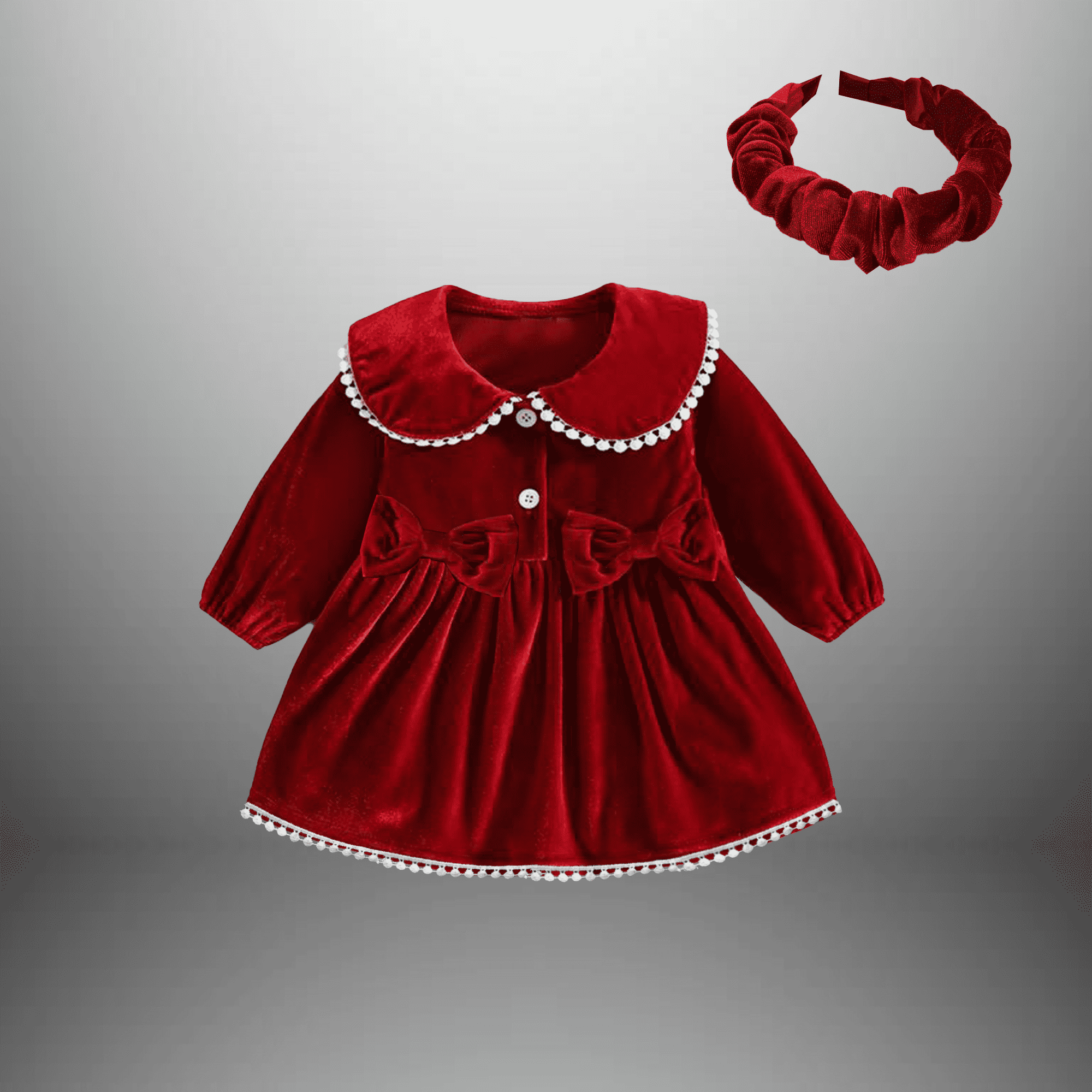 Toddler's Red Flared Dress with Peter pan Collar and Bow-RKFCTT111