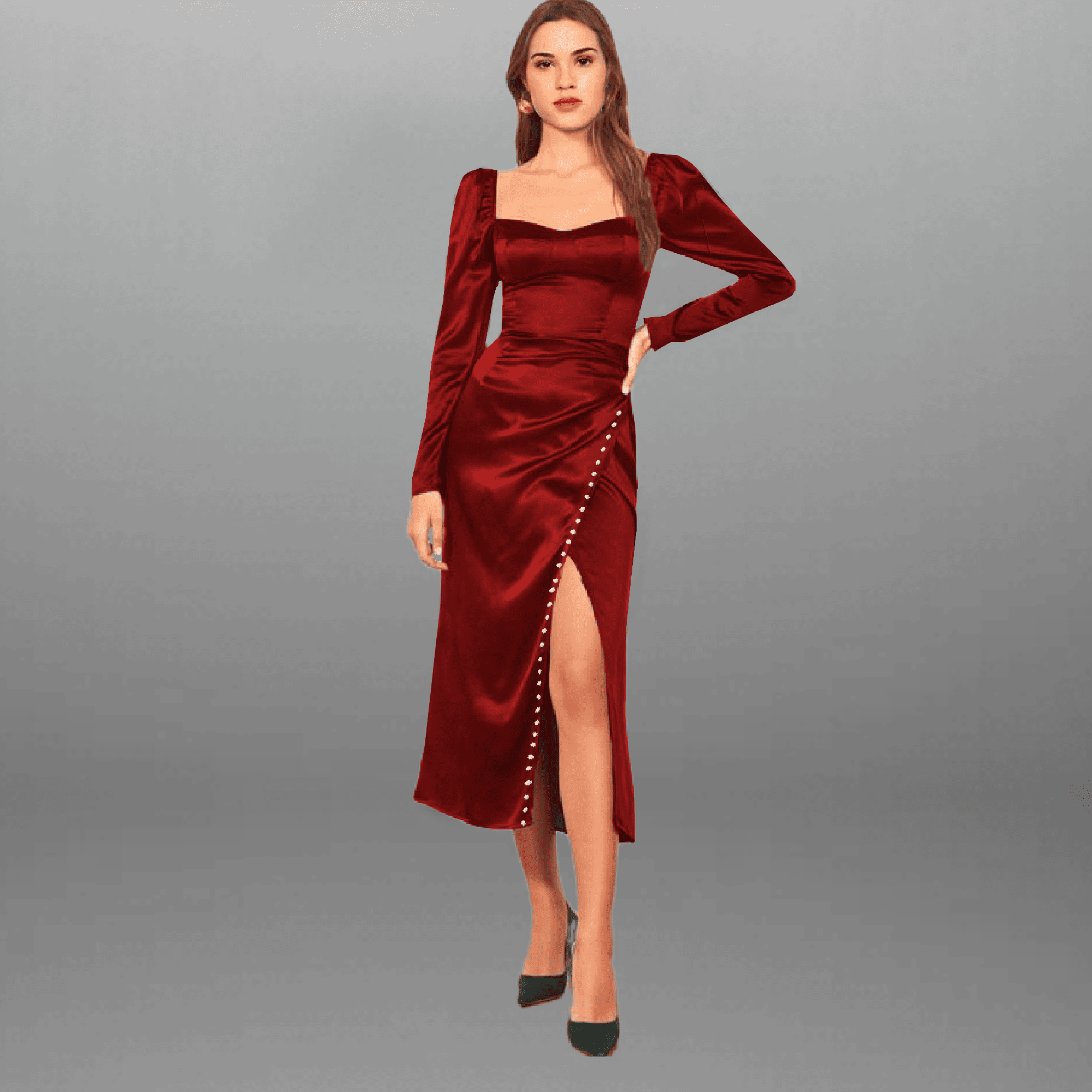 Women's Red Satin Full sleeve Overlapped dress with Pearl Embellishment-RED066