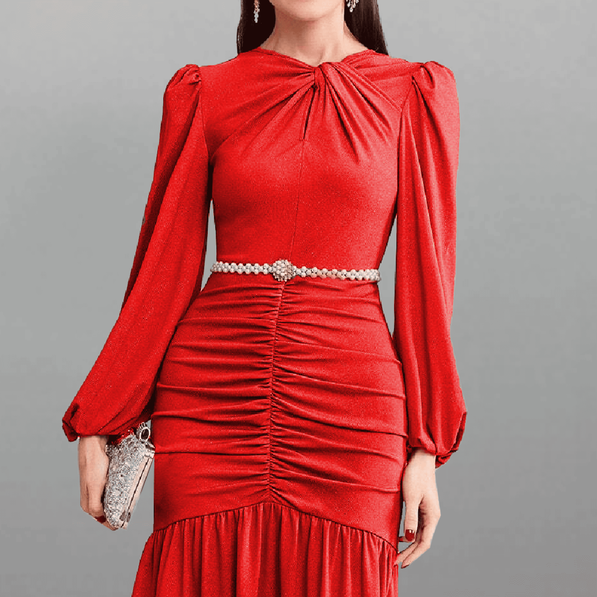 Women's Red Balloon sleeve dress with beaded belt-RED073