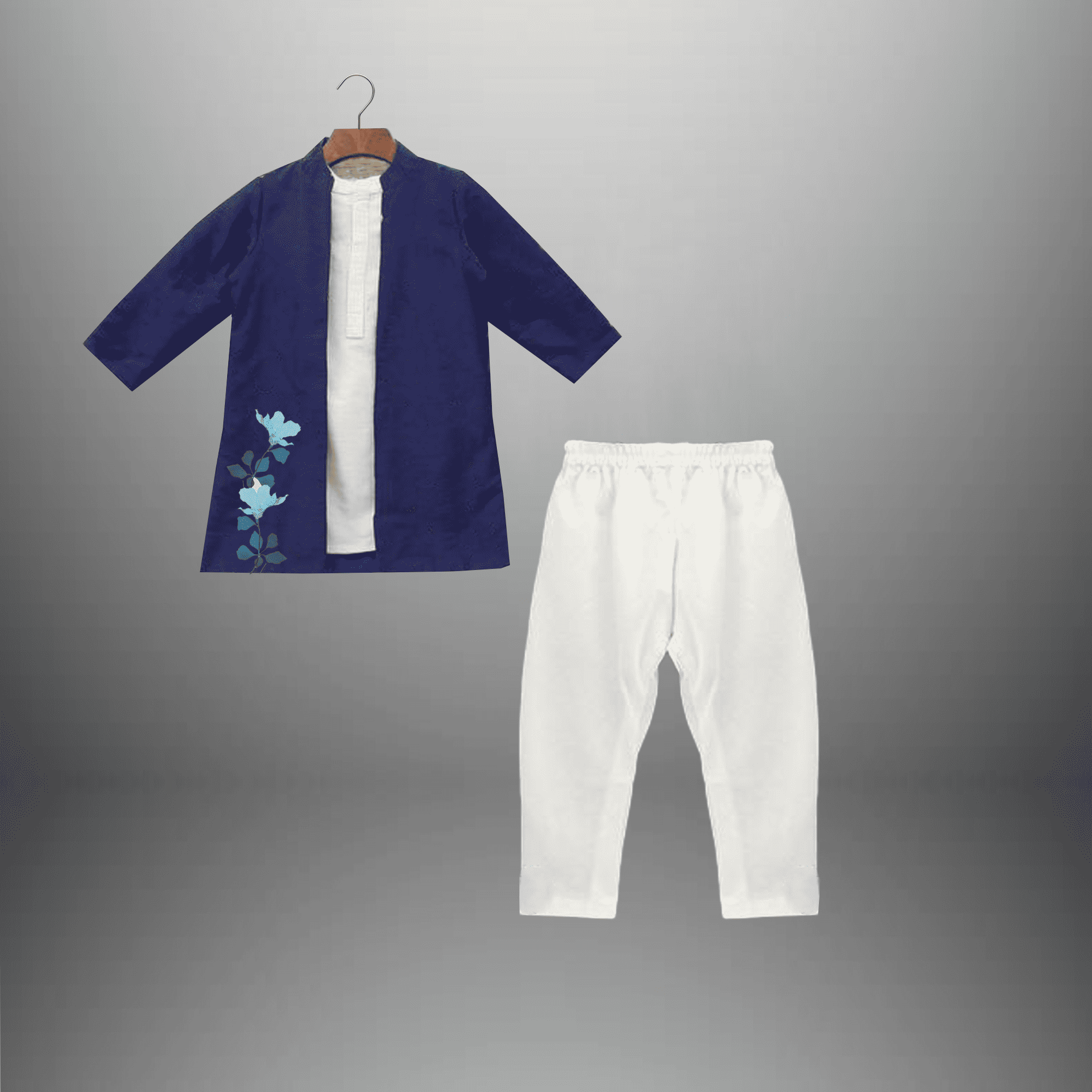 Boy's 3 Piece Set of Blue Sherwani style Coat, white Kurta and White Pant-RKFCW530