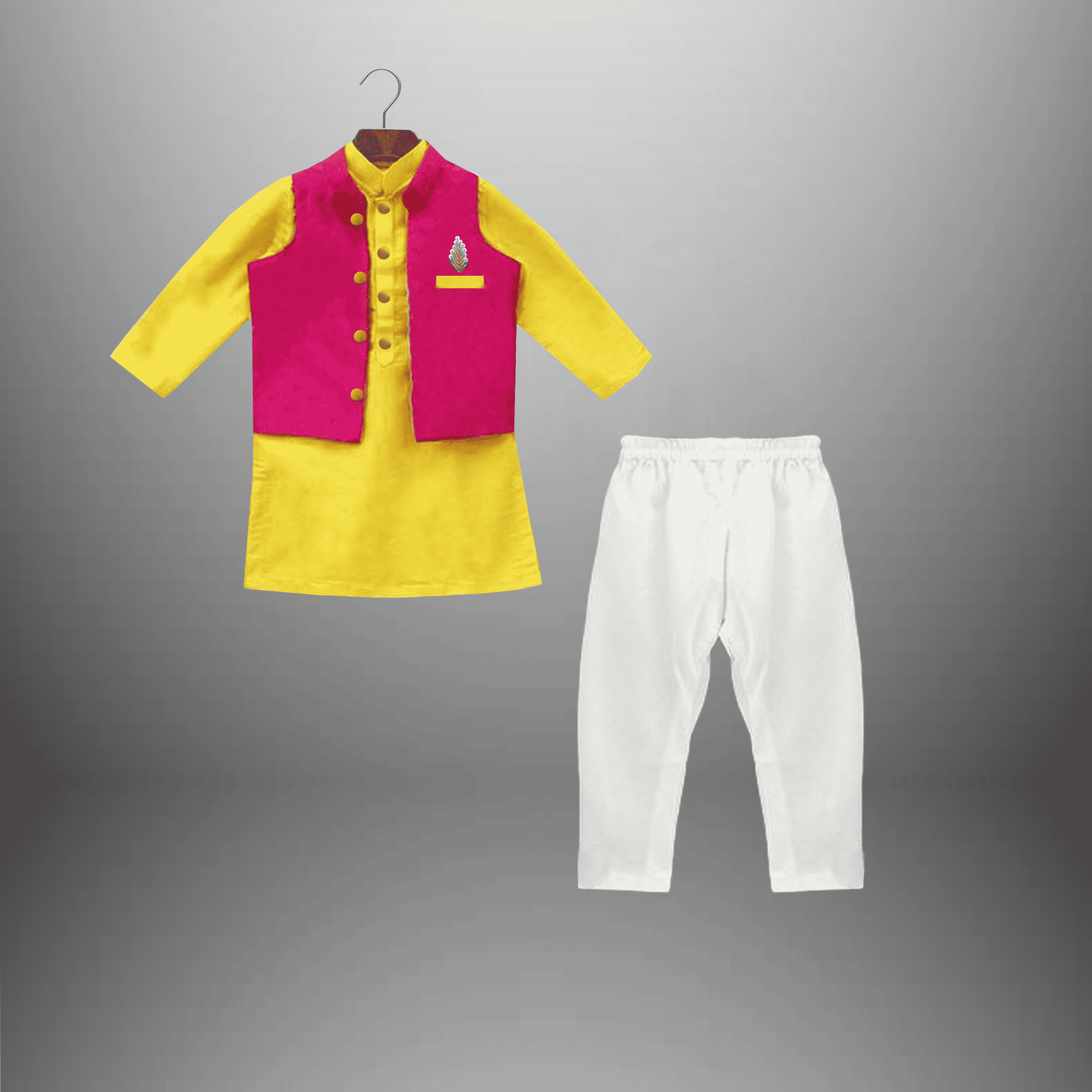 Boy's 3 Piece Set of Pink Nehru jacket ,Yellow Kurta and White Pant-RKFCW520
