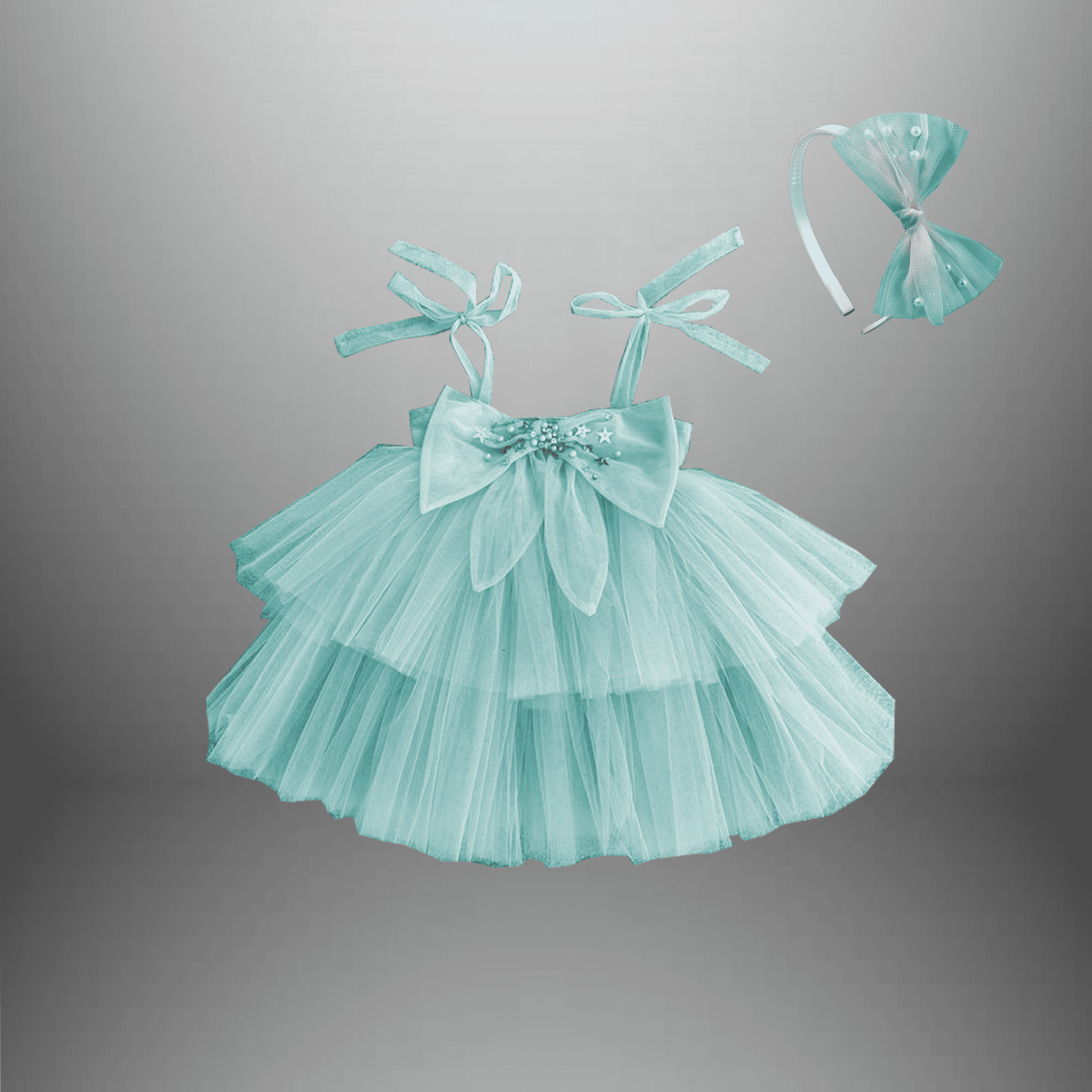 Girl's Ice Blue Flared sleeveless Party dress with Front Bow and a free hairband-RKFCW527