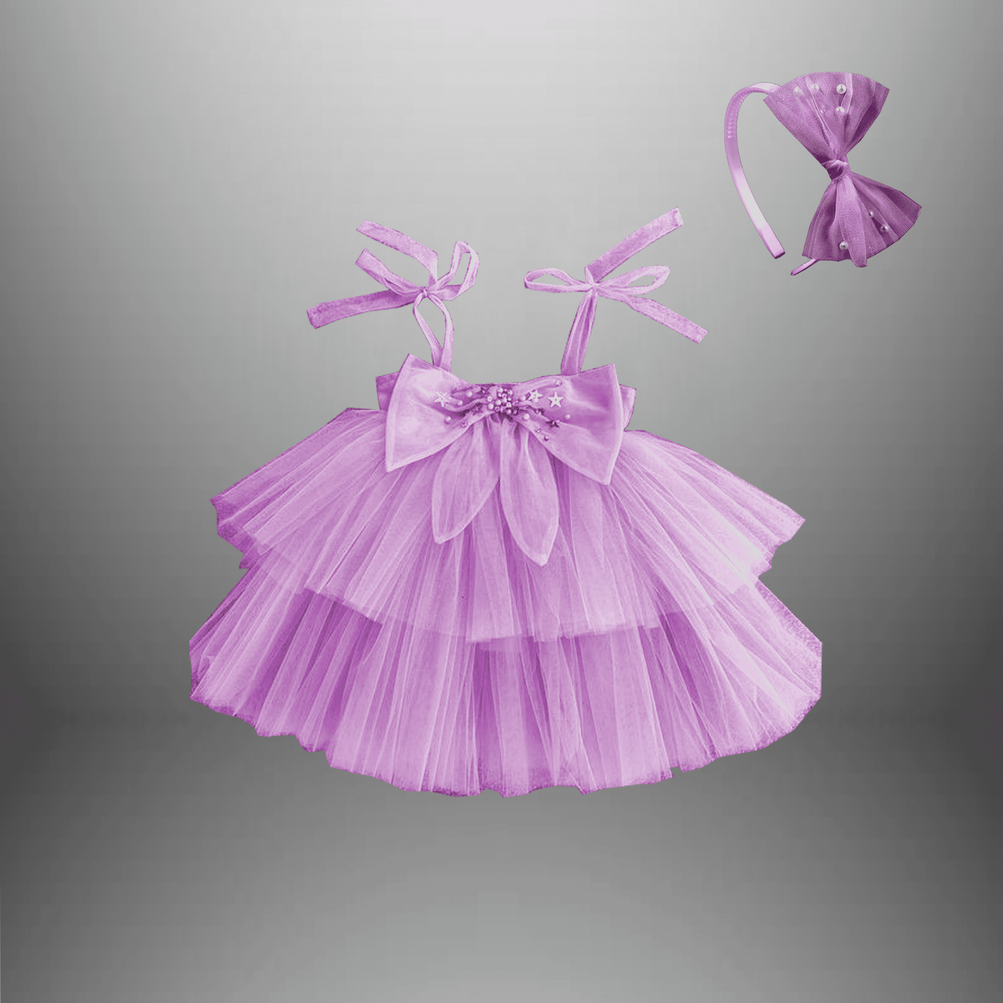 Girl's lavender Flared sleeveless Party dress with Front Bow and a free hairband-RKFCW528