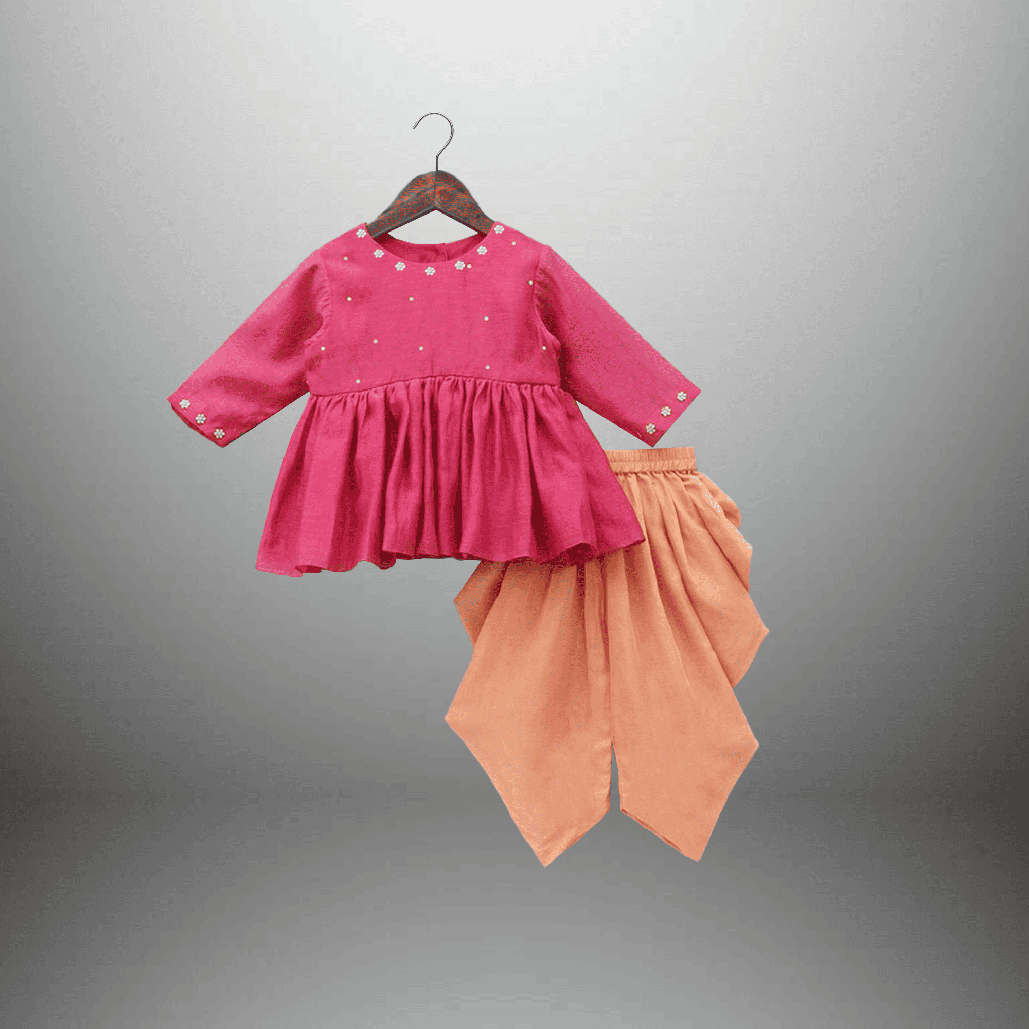 Girl's Indo western 2 piece set of Pink Flared Kurti and Peach Dhoti pant-RKFCW516