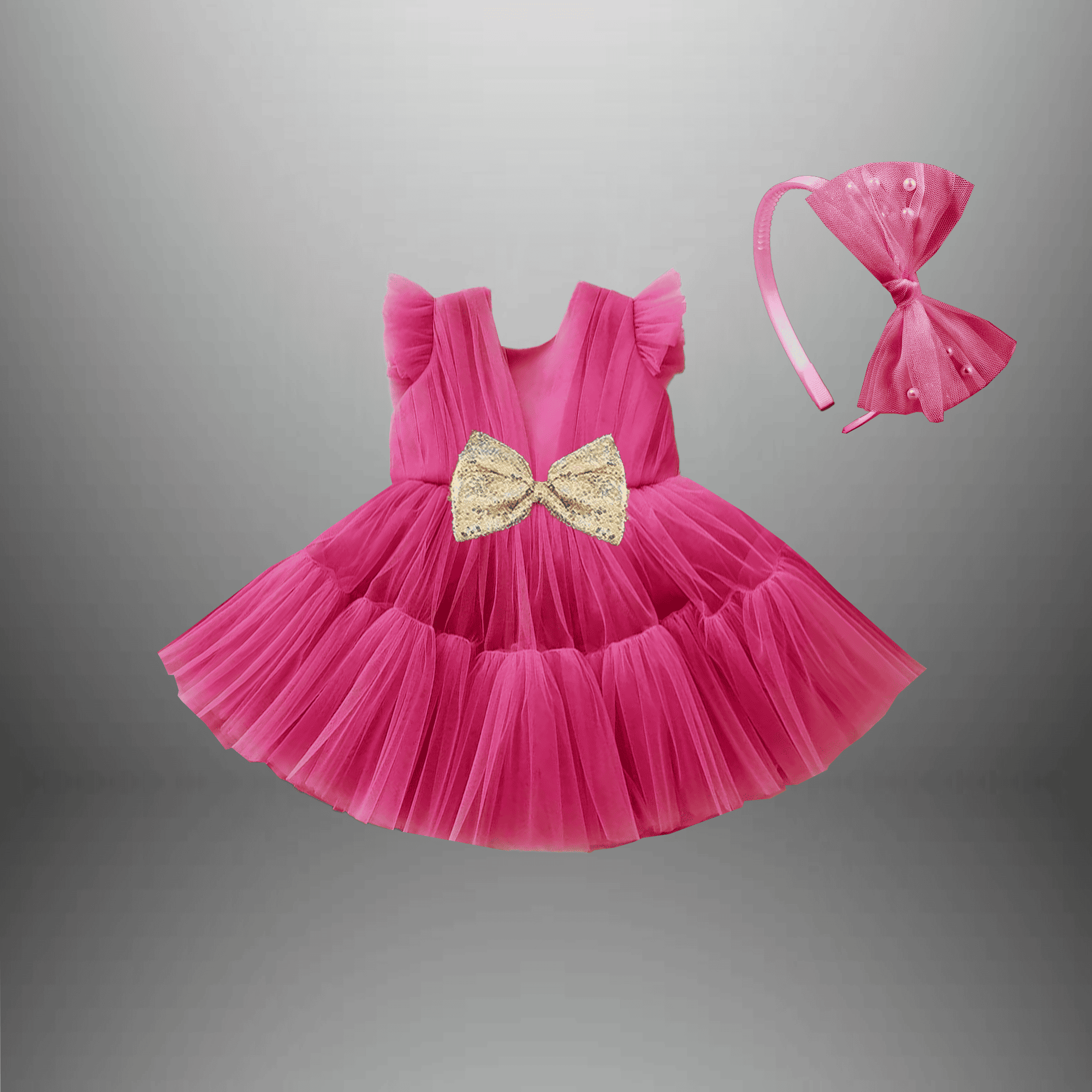 Girl's Pretty pink Party dress with silver Glitter bow-RKFCW519