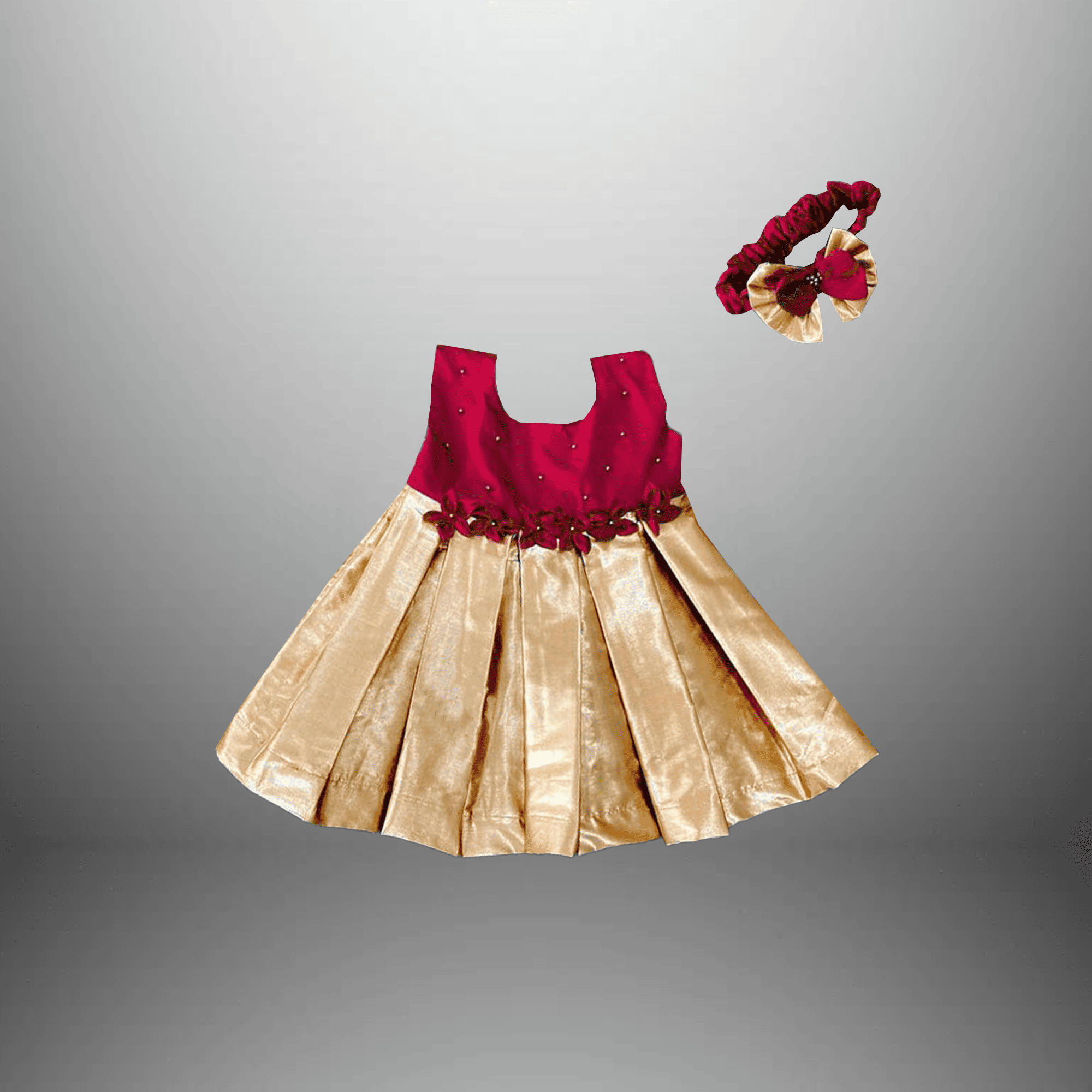 Girl's Pink and Golden Flared dress with pearl embellishment and roses-RKFCW522