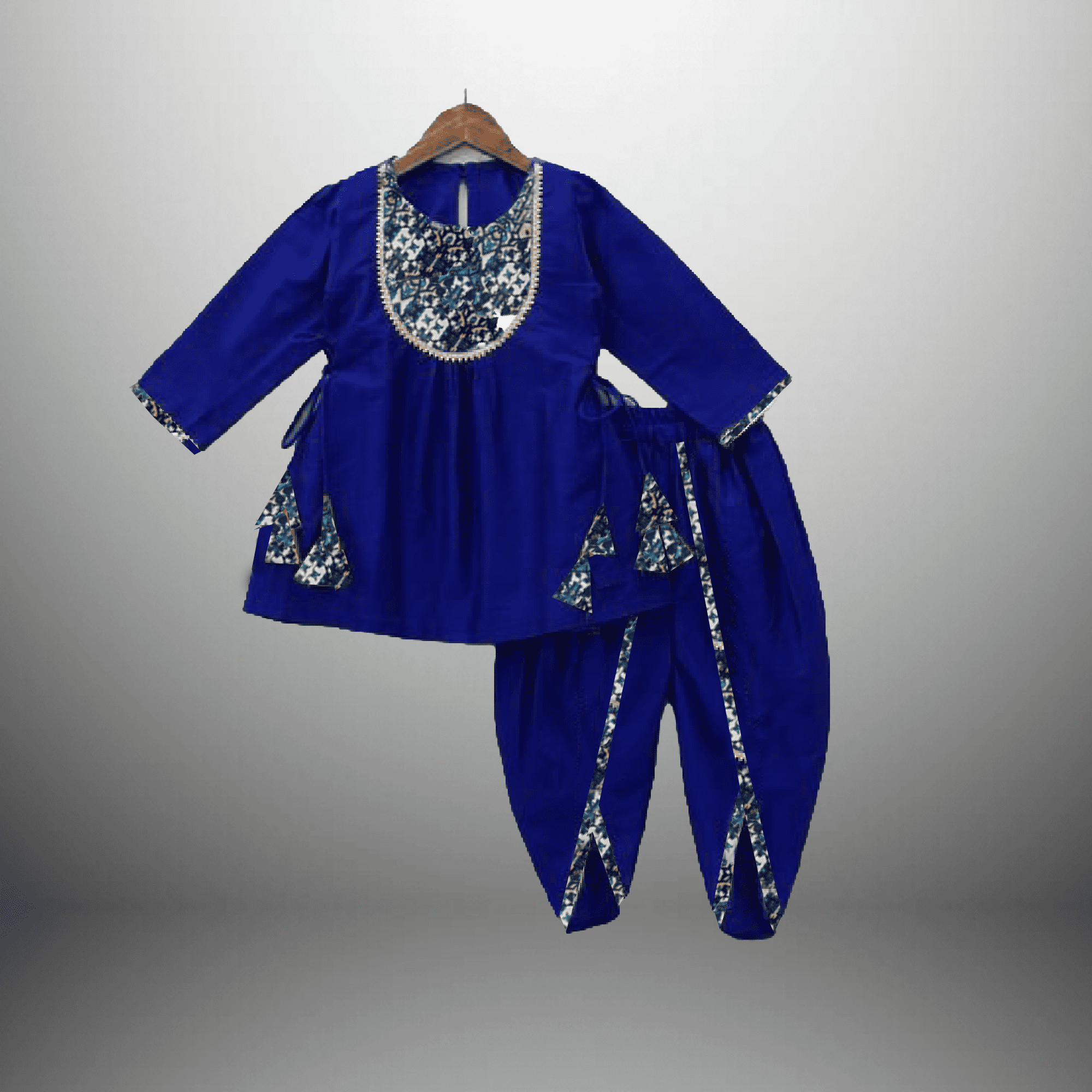 Girl's Royal Blue 3/4th sleeve Kurti with printed patch work and Dhoti style pant-RKFCW532