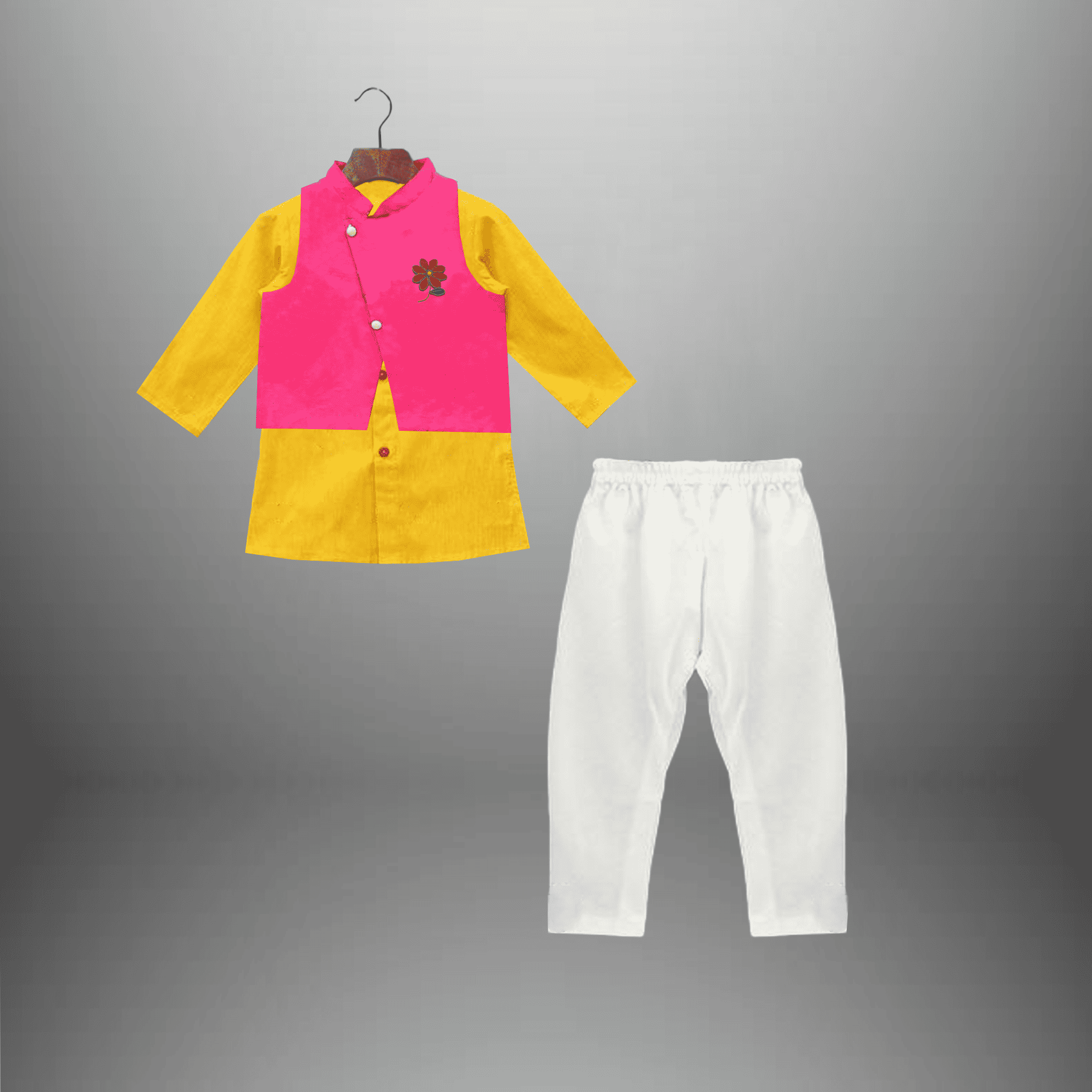 Boy's 3 Piece Set of Pink overlapped Coat, Yellow Kurta and White Pant-RKFCW518